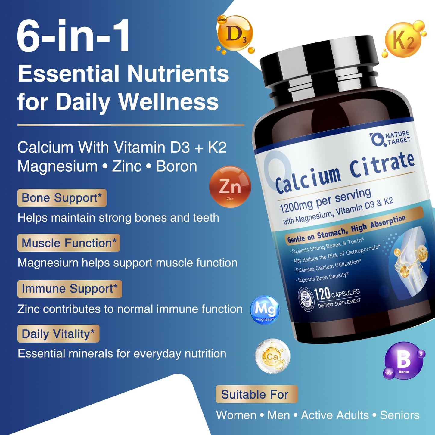 NATURE TARGET Calcium Citrate 1200mg Capsules, 120 Count