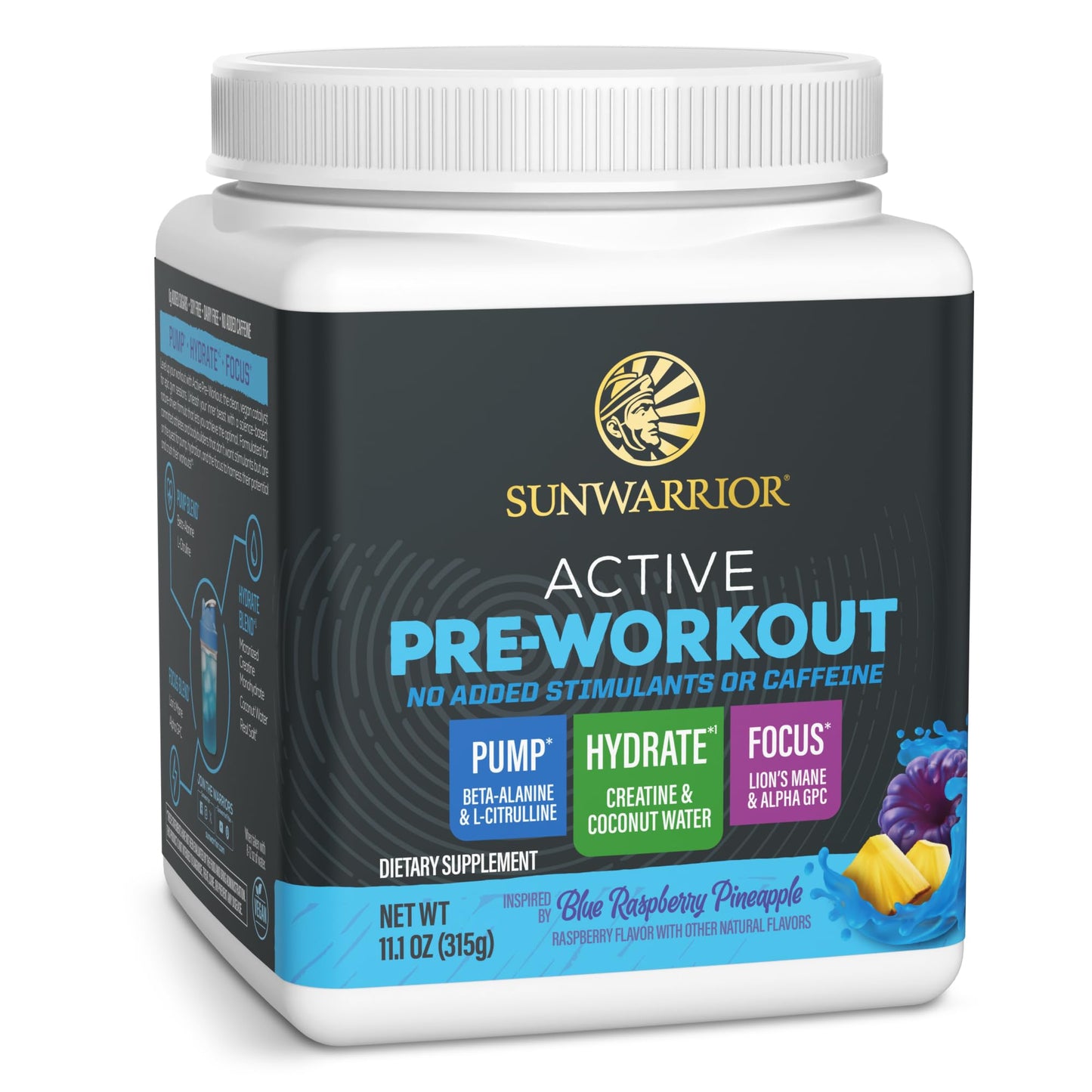 Sunwarrior Pre Workout Powder Blue Raspberry Pineapple Flavor 11.1 Ounce