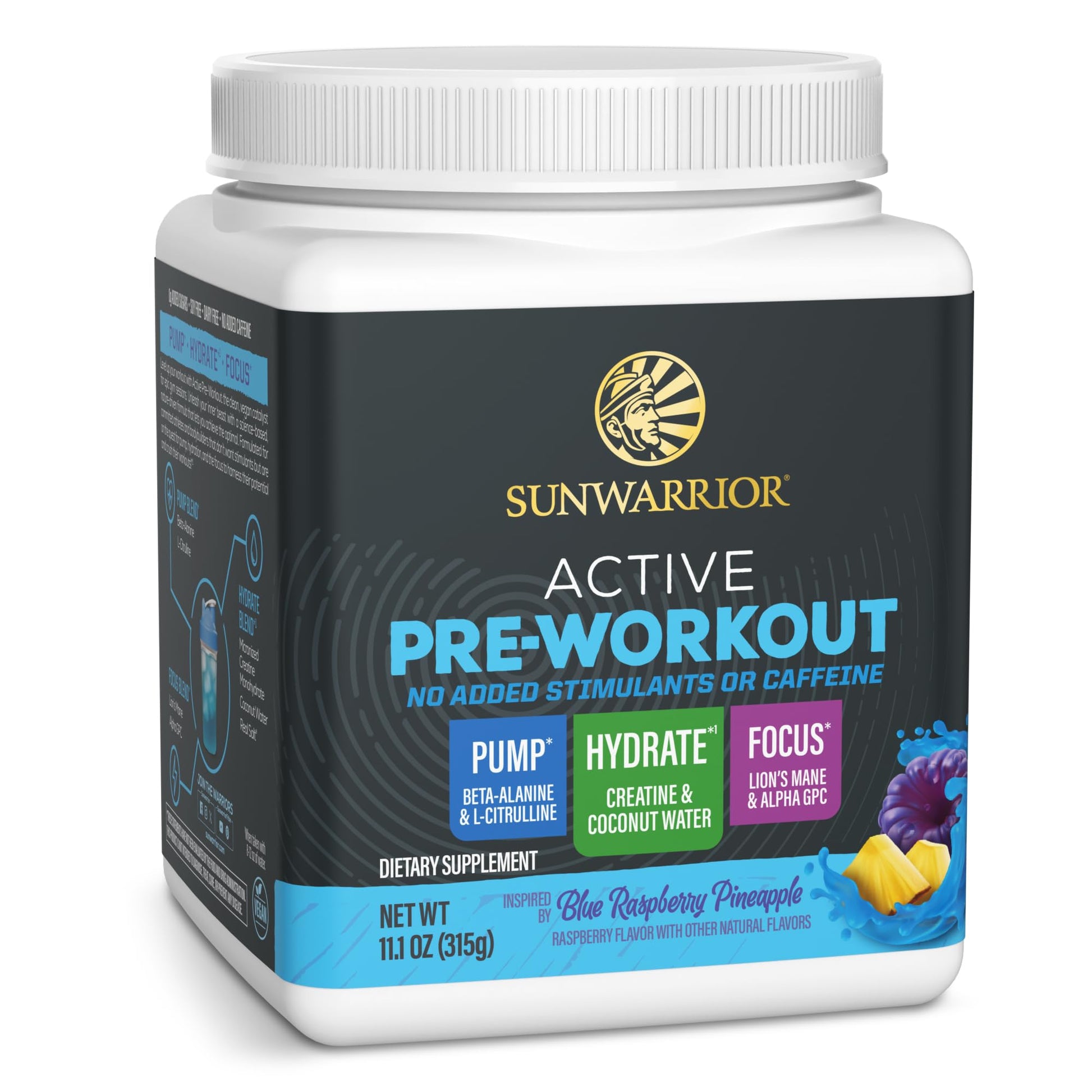 Sunwarrior Pre Workout Powder Blue Raspberry Pineapple Flavor 11.1 Ounce