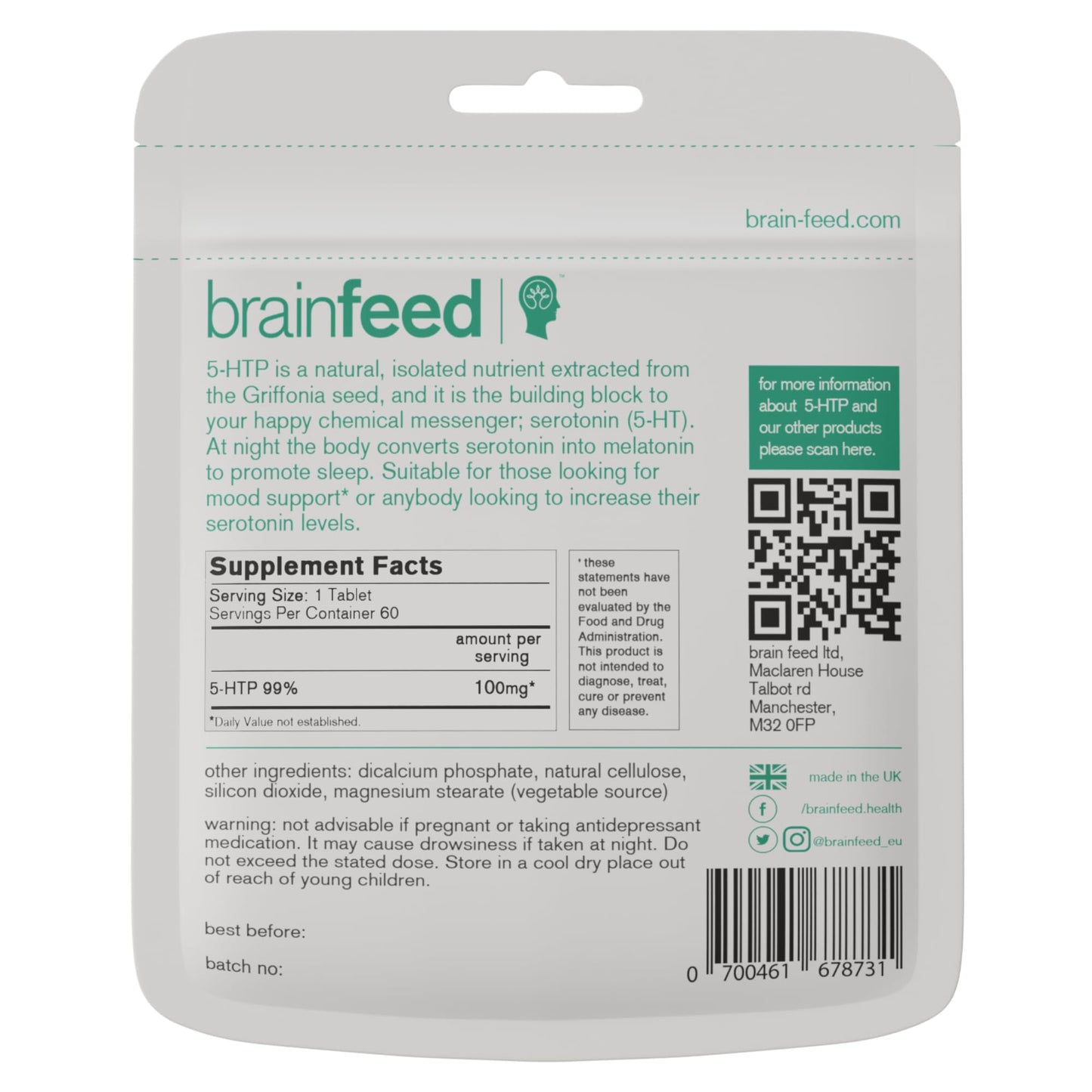 Brain Feed Serotonin Supplement 5-HTP Natural Mood Booster 60 Tablets