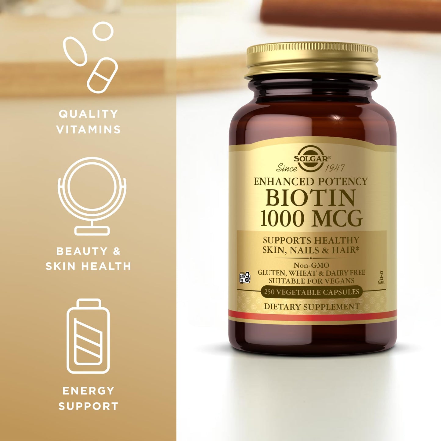 Solgar Enhanced Potency Biotin for Hair, Skin & Nails Capsule, 250 Vegetable Capsules