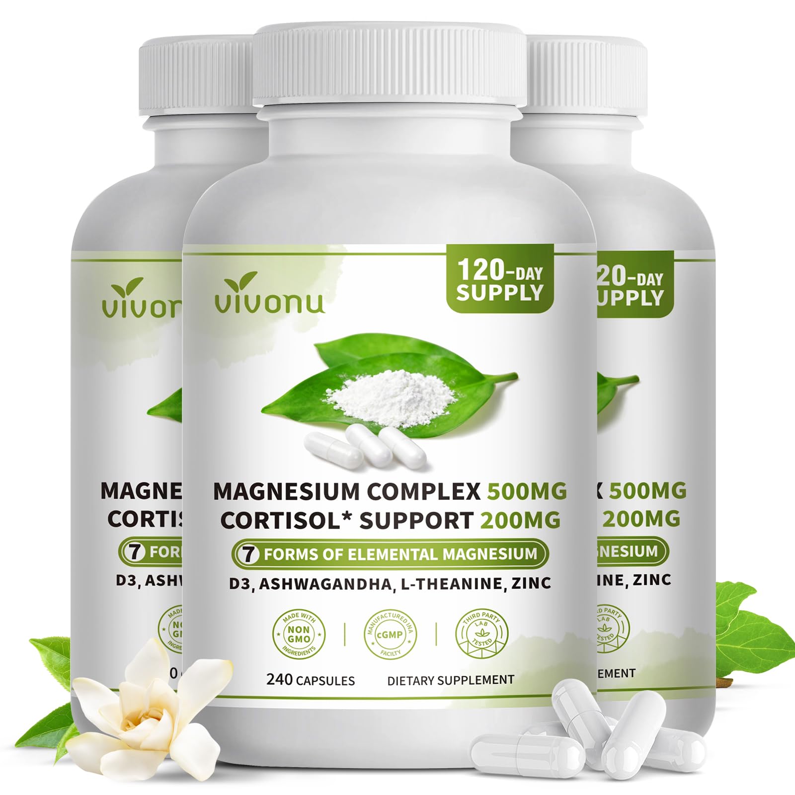 VivoNu Magnesium Complex for Women & Men with Cortisol Support, D3, Zinc, 7 Forms Magnesium Supplement Capsules 240 Count