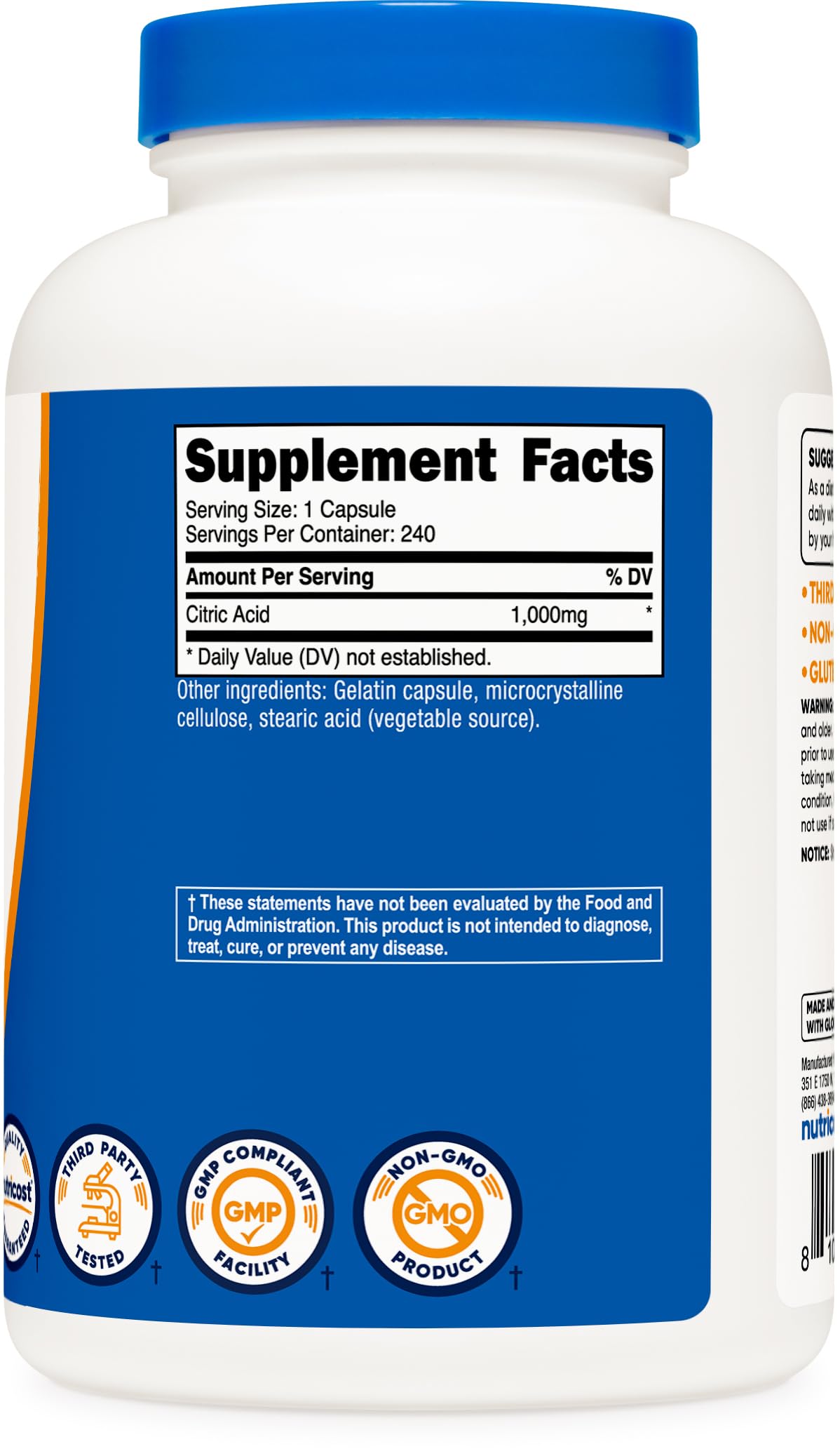 Nutricost Citric Acid 1000mg (1 gram), 240 Capsules