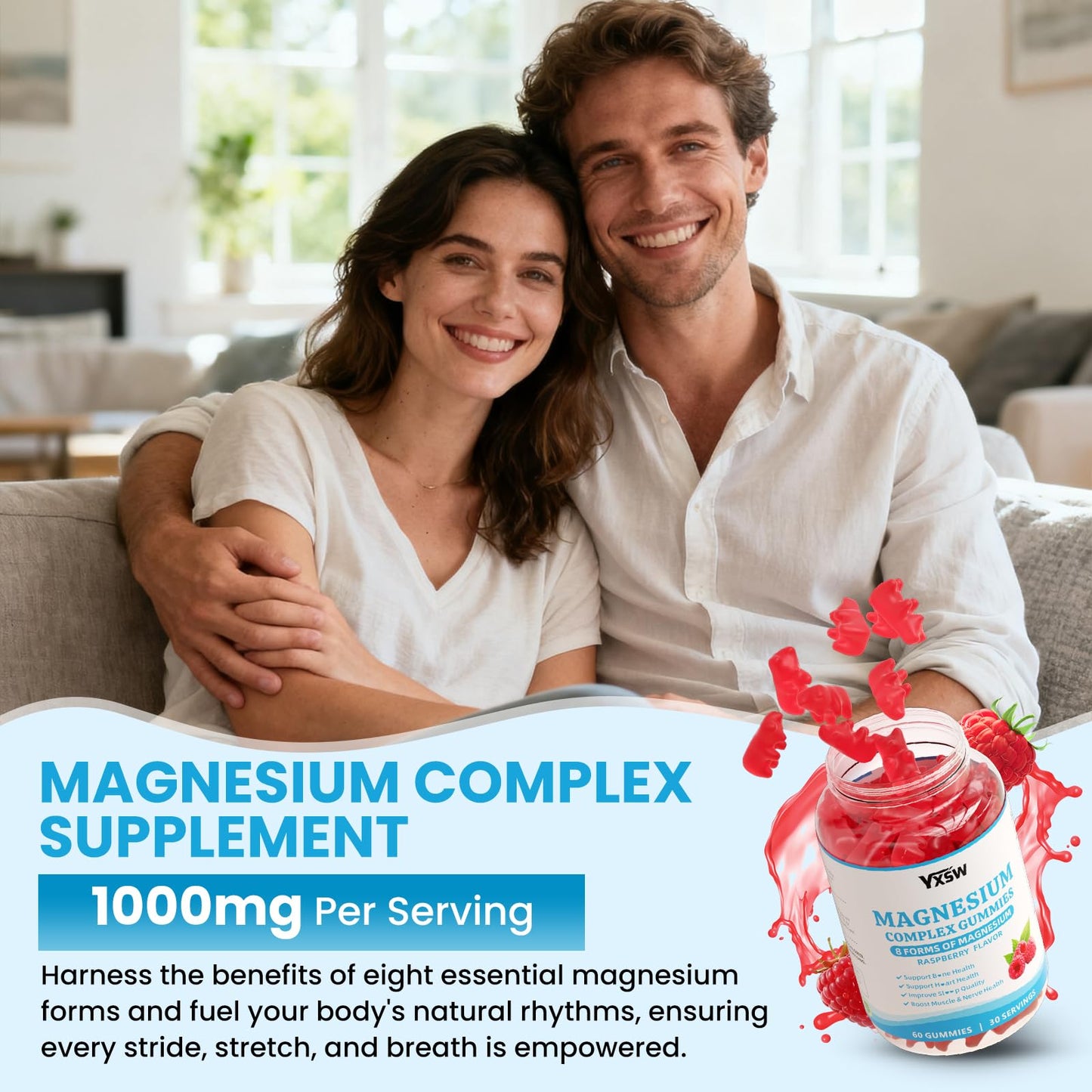 YXSW Magnesium Complex Gummies 8 Elemental 1000mg, Raspberry Flavor, 120 Gummies, Vegan Non-GMO, Supports Bones, Muscle & Nerve Health