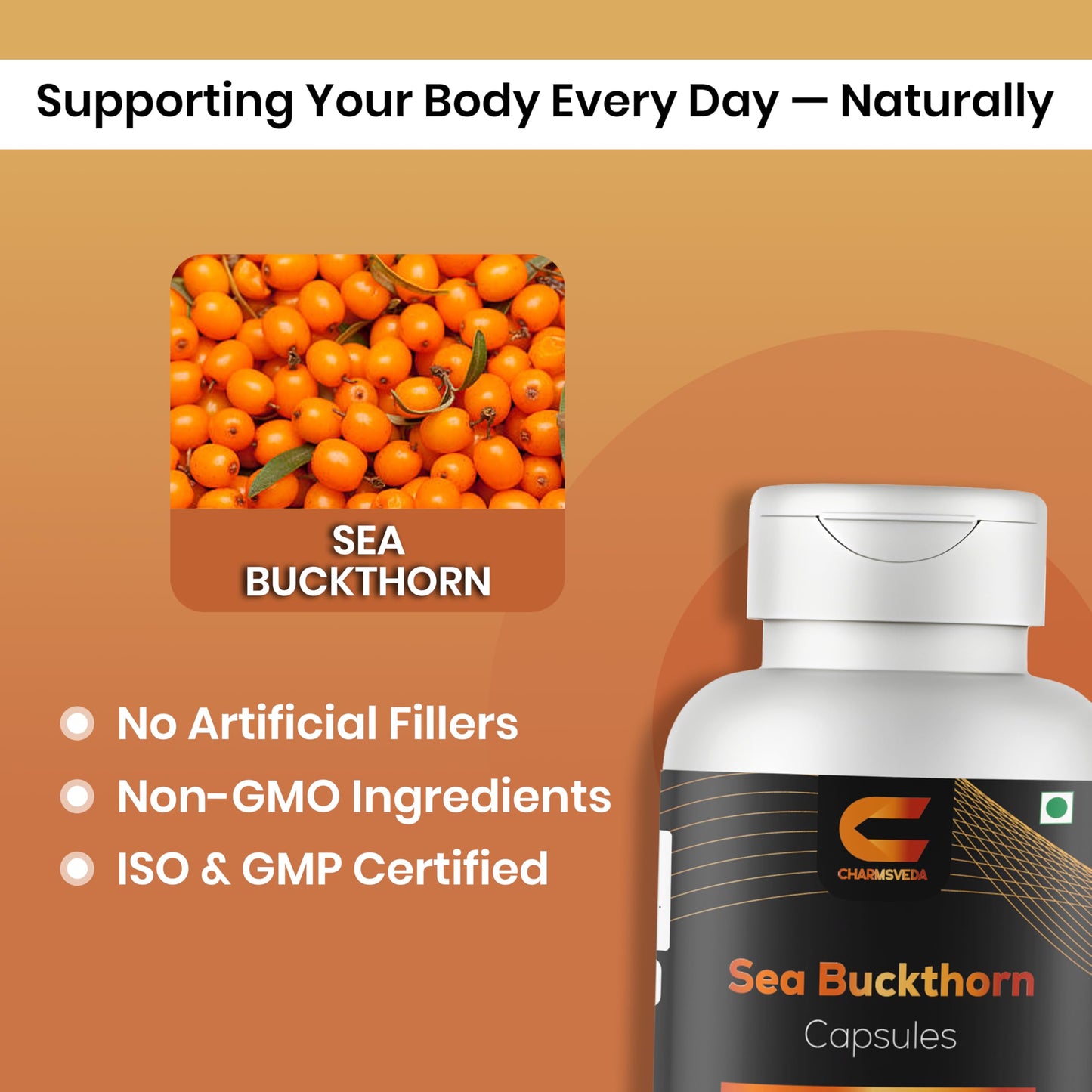 CHARMSVEDA Sea Buckthorn Capsules 1000 mg with Omega 3, 6, 7, Vitamins C & E for Skin Health, Immune Support & Overall Wellness, 60 Capsules