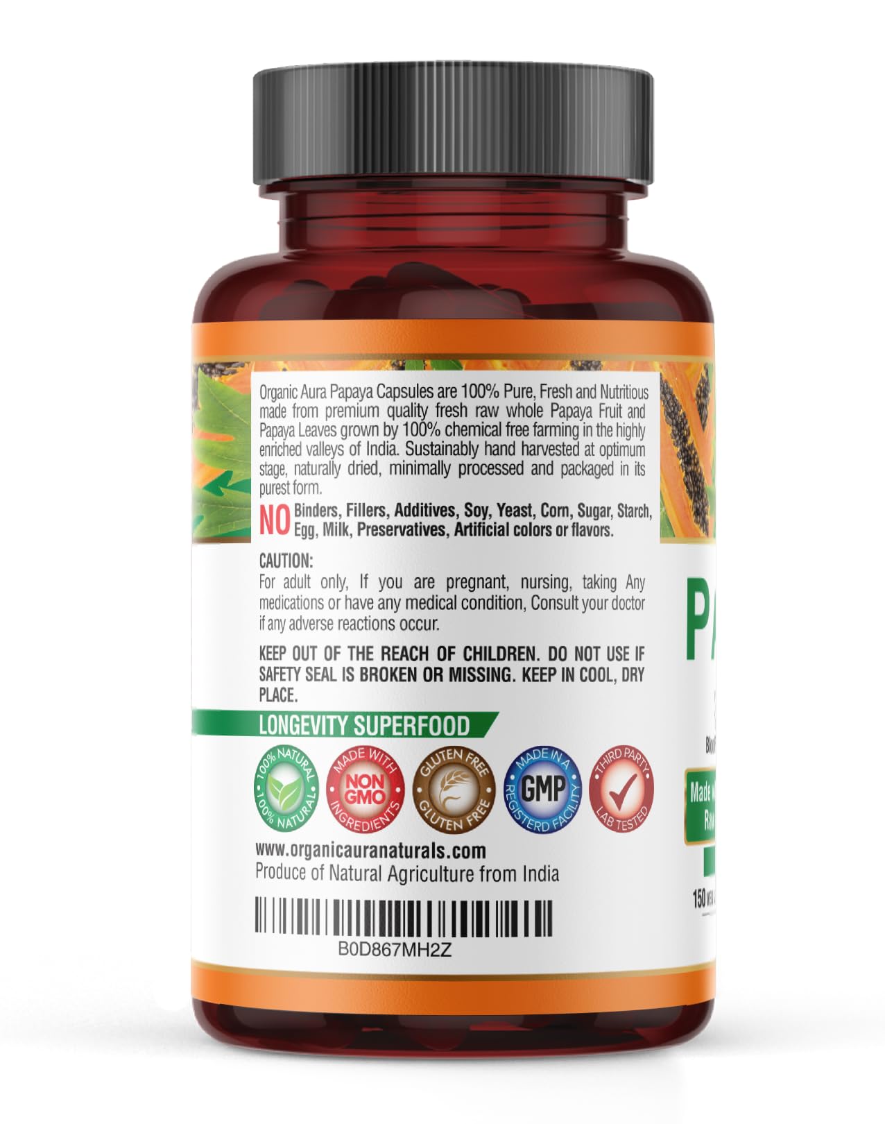 Organic Aura International Papaya Capsules with Benefits of Papaya Fruit & Papaya Leaf, 120 Veg HPMC Capsules