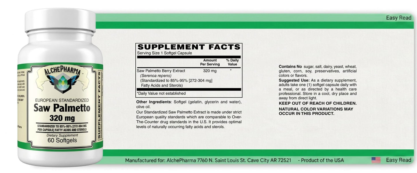 AlchePharma Saw Palmetto Extract 320 mg Softgel, 60 Count