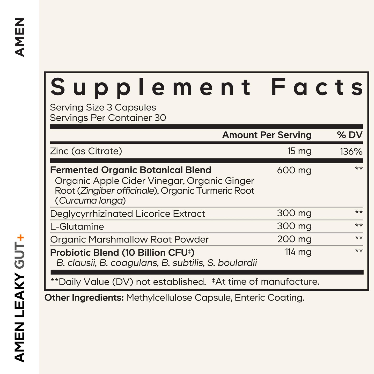 Amen Leaky Gut L-Glutamine DGL Licorice Probiotics Zinc Capsules 90 Count