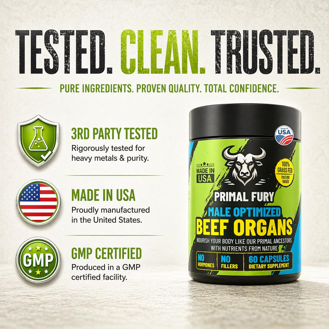PRIMAL FURY Grass Fed Beef Organ Supplement for Men Capsules 90 Count
