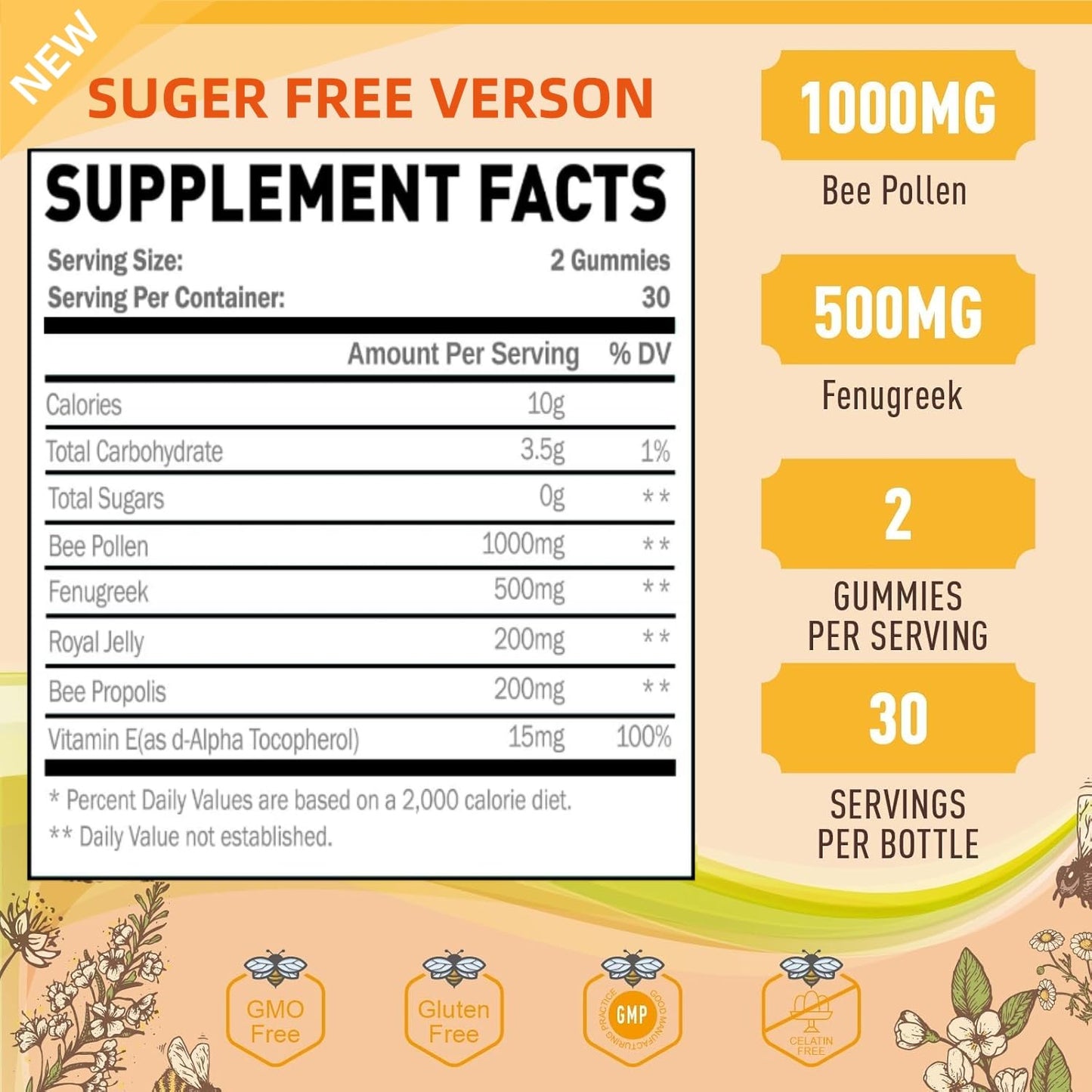 Joywiit Bee Pollen 1000mg Sugar Free Gummies for Women, 60 Count
