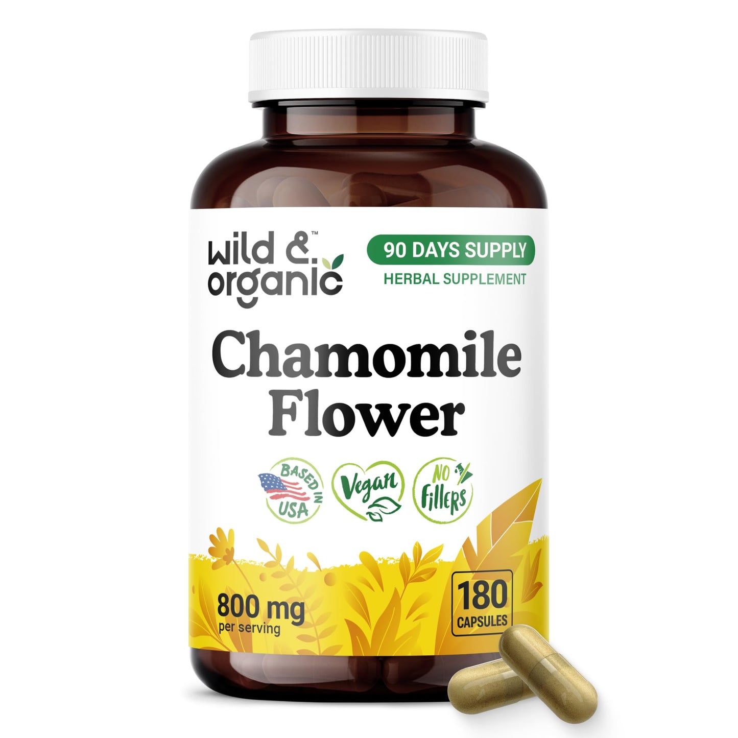 Wild & Organic Chamomile Capsules 800 mg - Relaxation Support, 180 Capsules