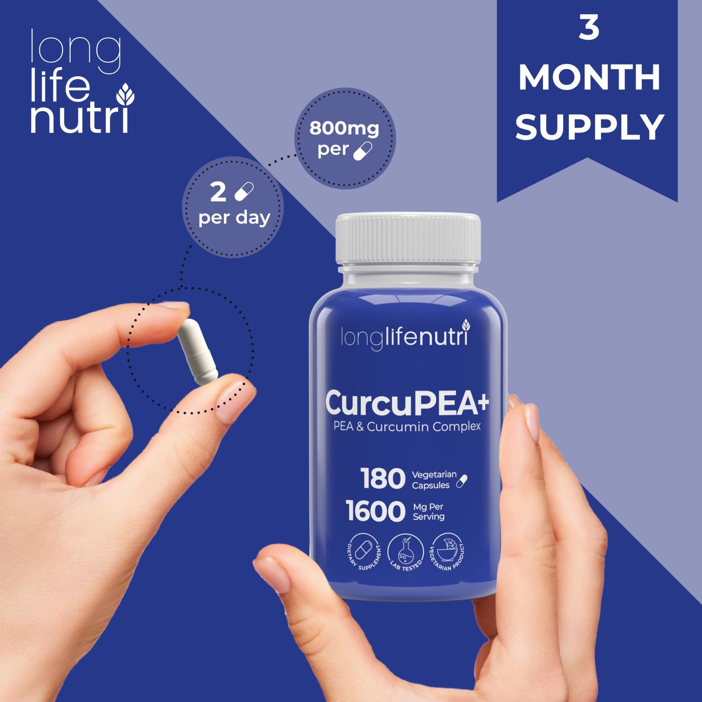 LongLifeNutri CurcuPEA+ Palmitoylethanolamide + Turmeric Complex Capsule, 180 Count