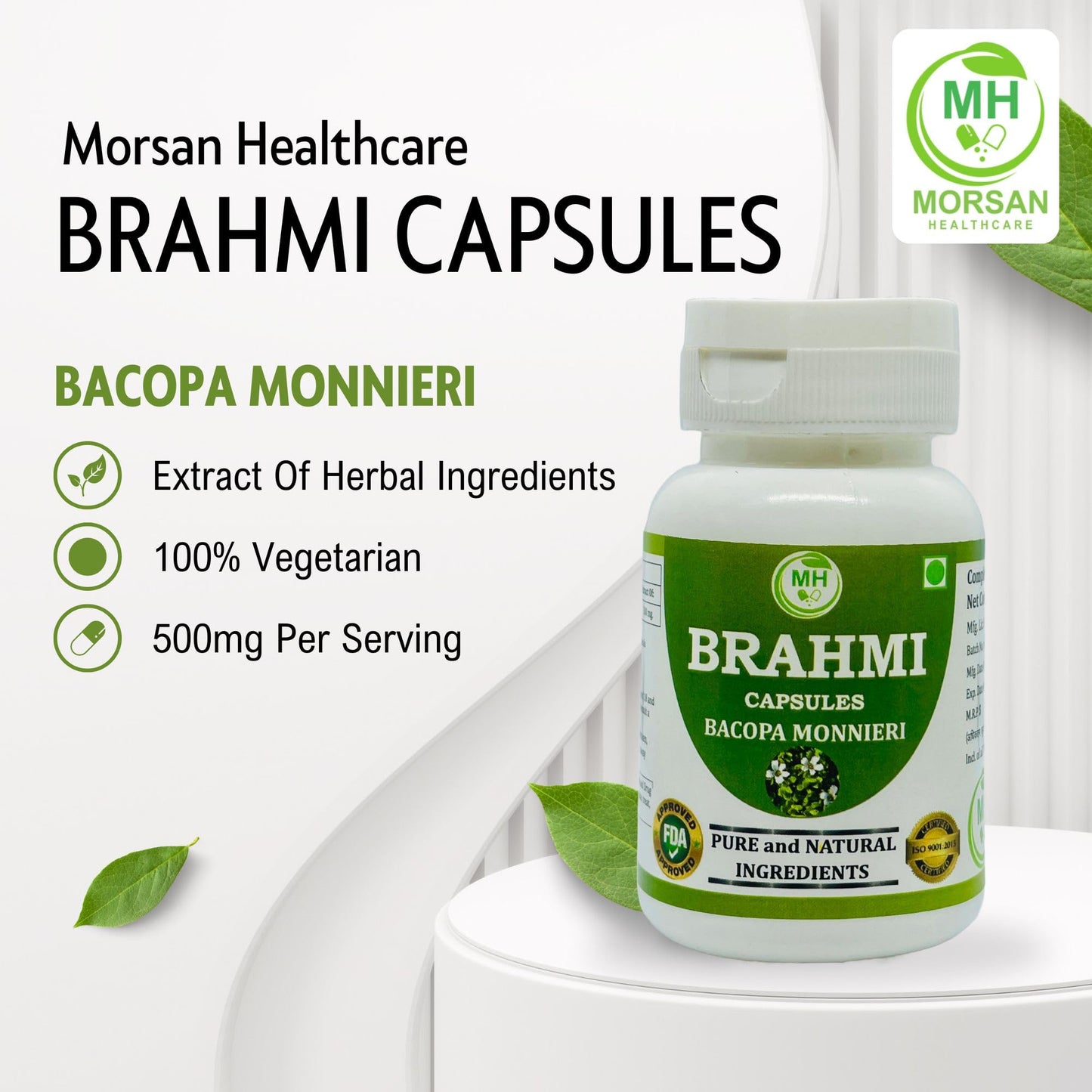 Morsan Healthcare Brahmi (Bacopa Monnieri) Vegetarian Capsules, 500mg Each, Non-GMO, Vegan, Gluten-Free, 120 Capsules