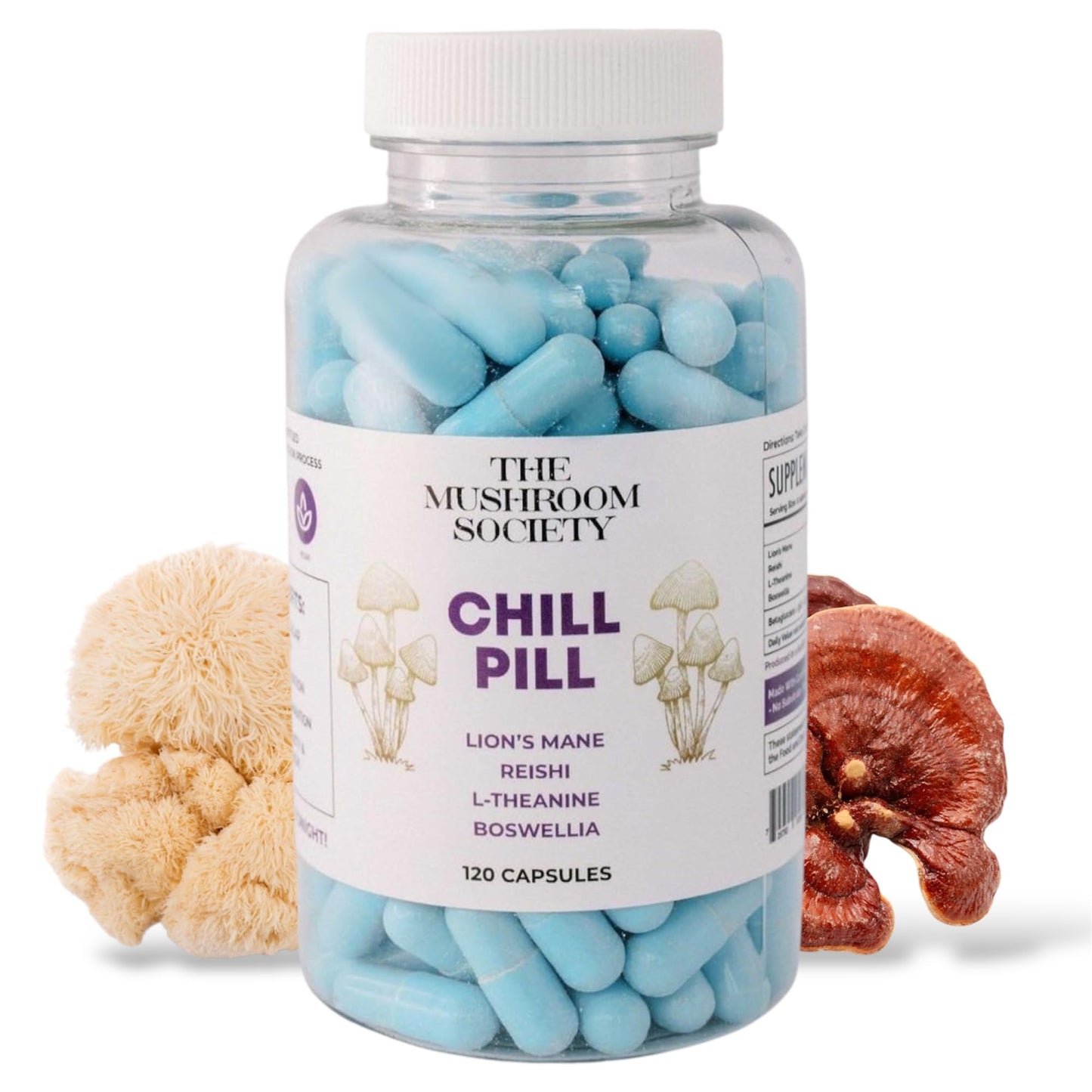 The Mushroom Society Chill Pill Lion’s Mane, Reishi, L-Theanine & Boswellia Extract Blend 120 Capsules
