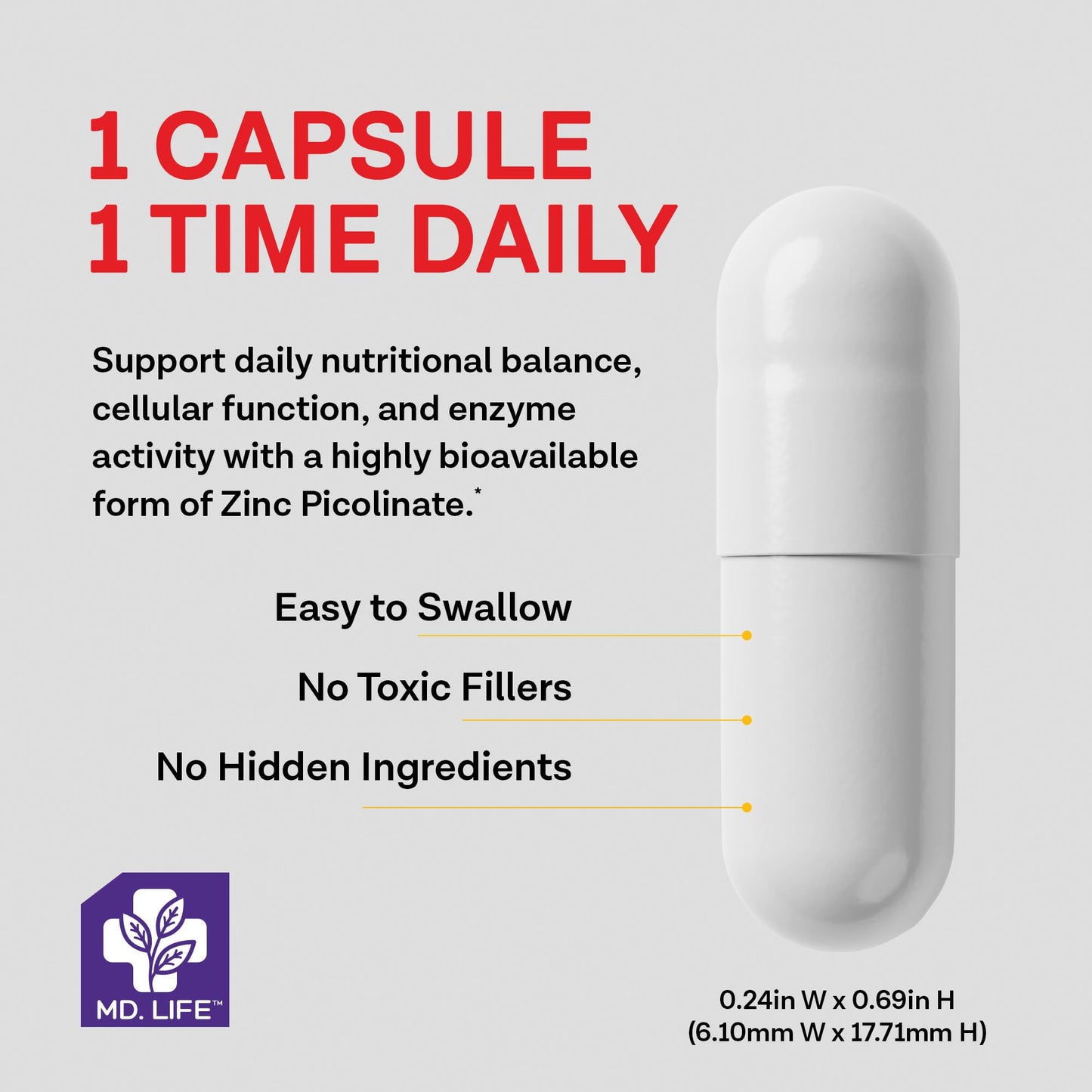 MD.LIFE Zinc Picolinate 30mg Capsules, 90 Capsules