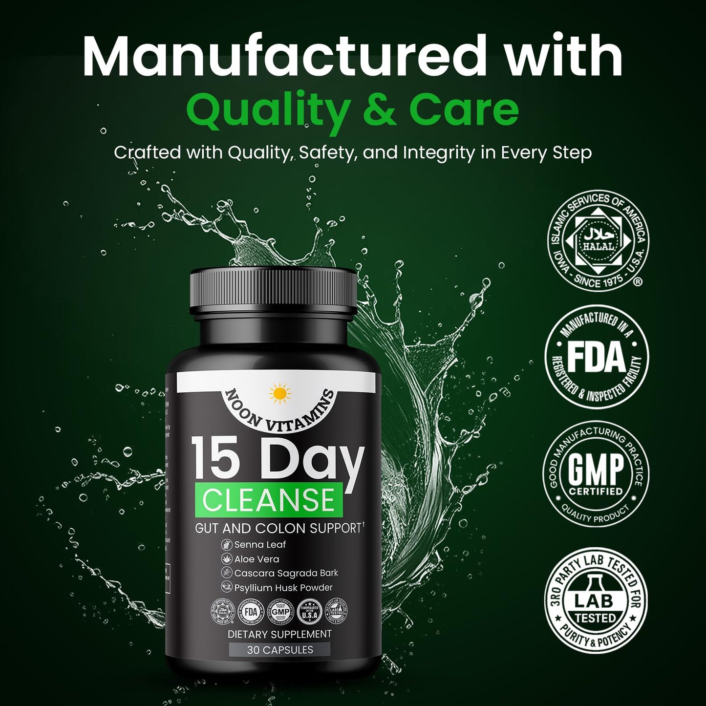 NOON VITAMINS 15-Day Colon Cleanse & Gut Detox – Natural Probiotic Cleanser with Senna Leaf, Psyllium & Aloe – Halal for Men & Women – Supports Digestive Health, Regularity & Bloating Relief – Capsules, 30 Count