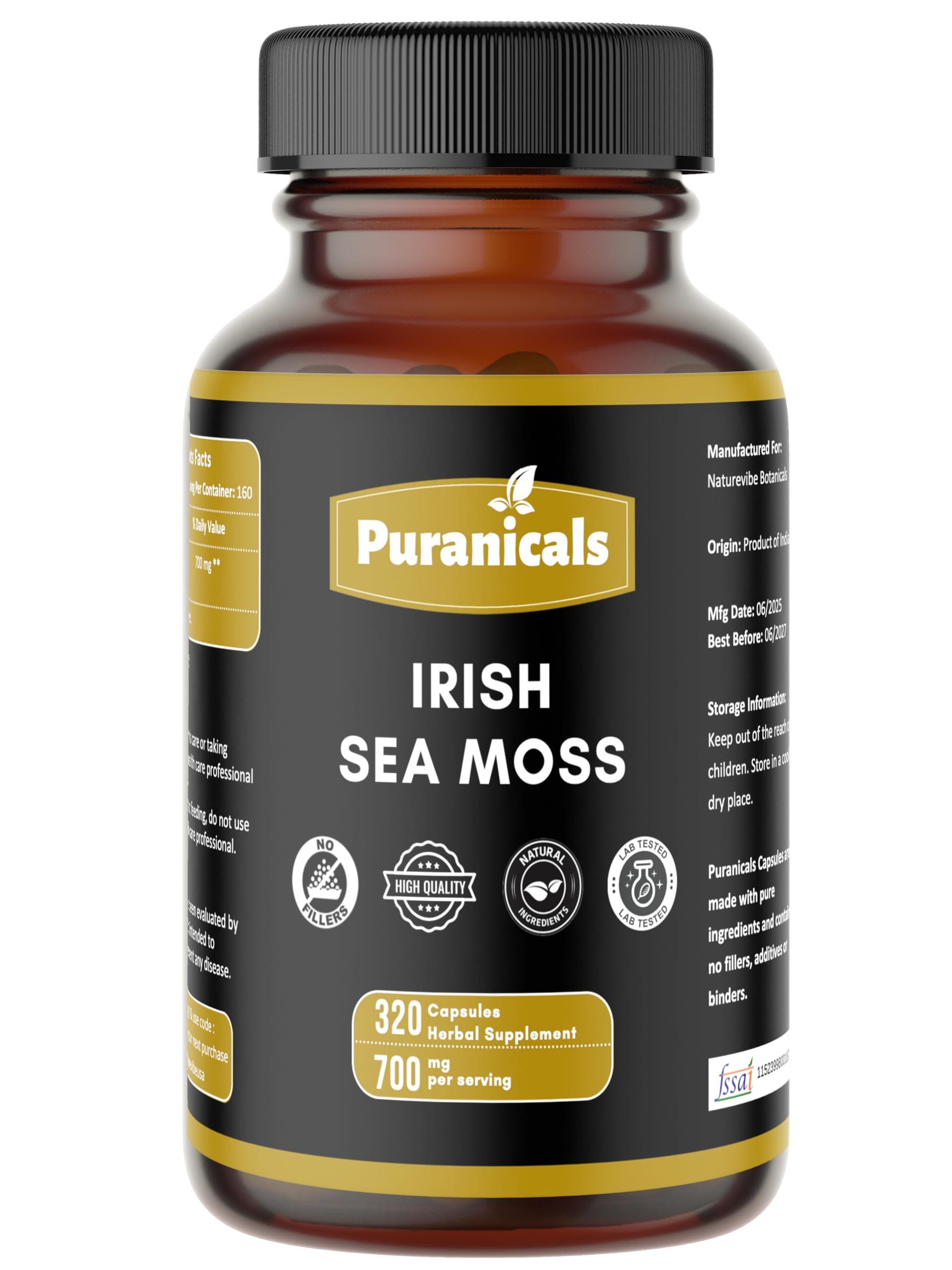 Puranicals Irish Sea Moss Premium Capsules 320 Count