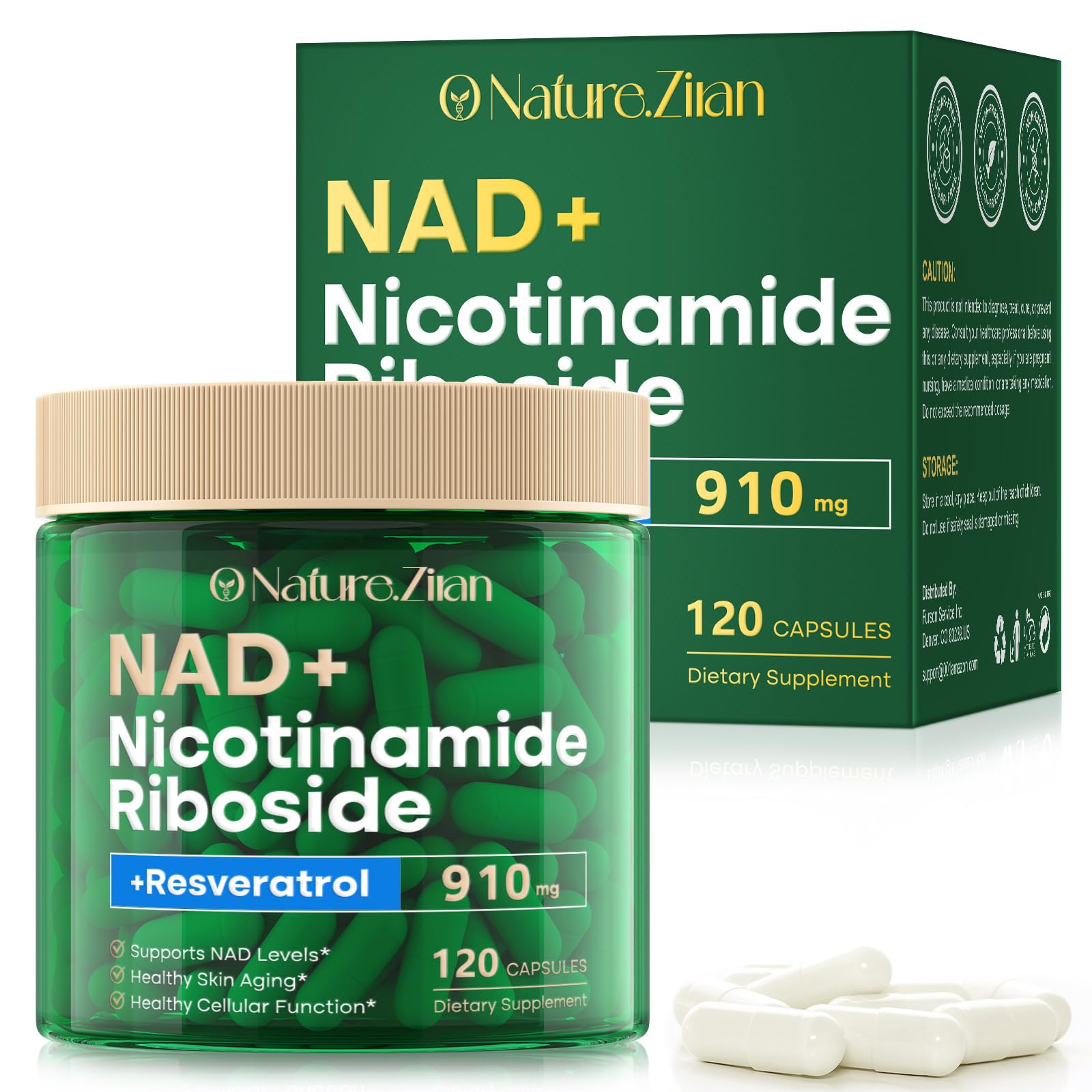 O NATURE . ZIRAN NAD Supplement Capsule Nicotinamide Riboside 910 mg, Liposomal Nicotinamide Riboside Resveratrol for Anti-Aging, Energy, Focus, Boost NAD+ - 120 Capsules