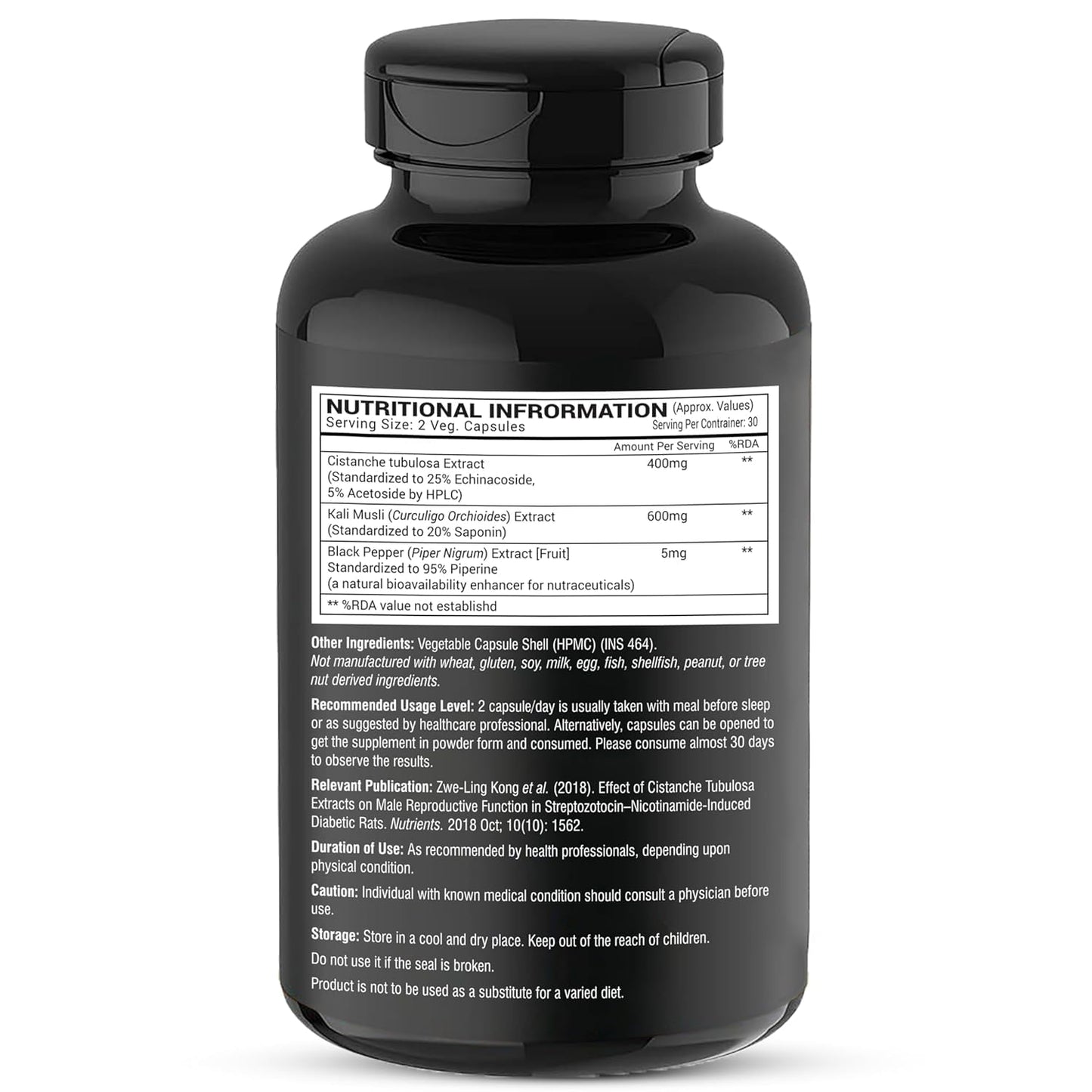 Generic Organic Cistanche Tubulosa Standardised to 25% Echinacoside, 5% Acetoside with Kali Musli Extract 1000mg, 3rd Party Tested for Strength, Performance, Vitality, 60 Veg Capsules