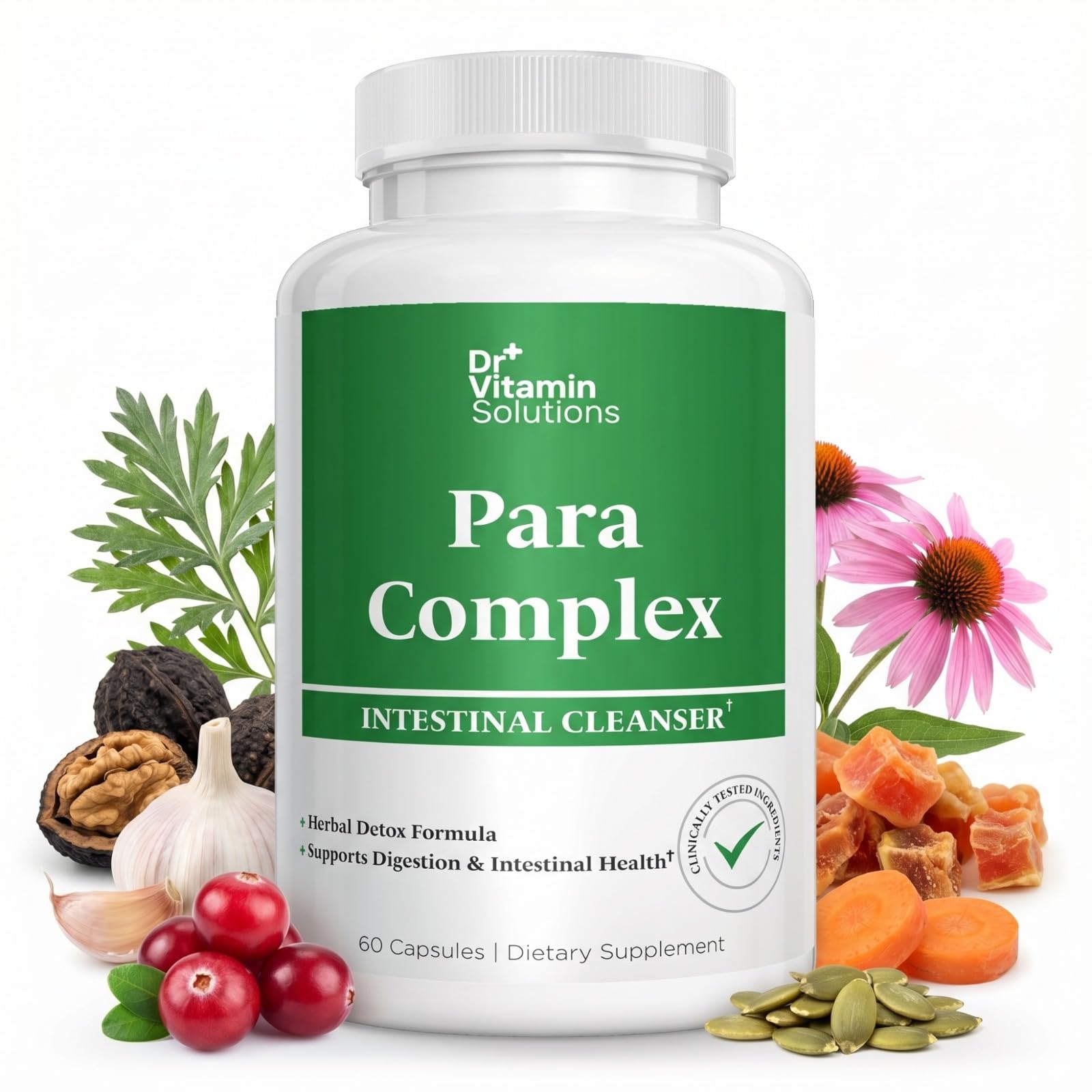 DR VITAMIN SOLUTIONS Para Complex Intestinal Cleanser – Wormwood, Black Walnut, Clove & Pau d'Arco Cleanse for Humans – Herbal Detox Formula with Garlic, Pumpkin Seed, Cranberry & Zinc, Non-GMO, 60 Capsules