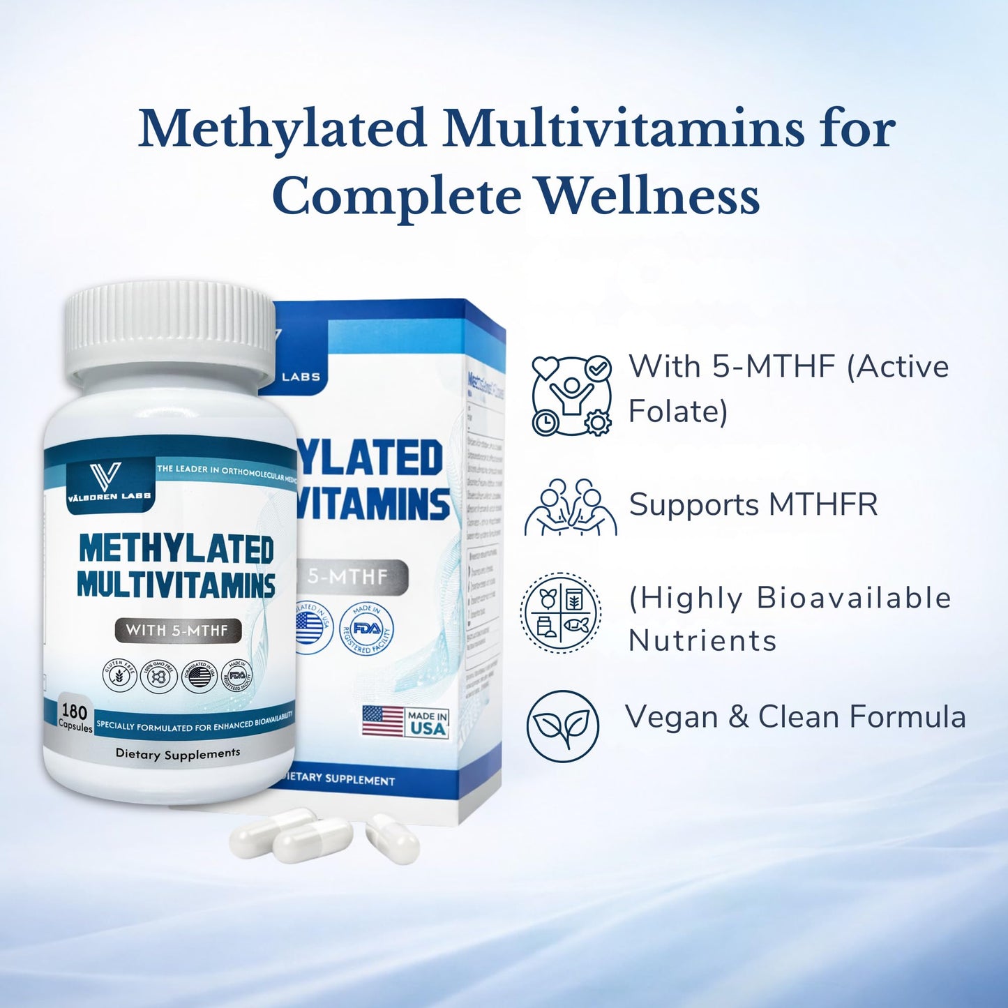 Valboren Labs Methylated Multivitamin – Active Folate (5-MTHF) with Methyl B12, B2, B6 & B Vitamins Capsules, 180 Count