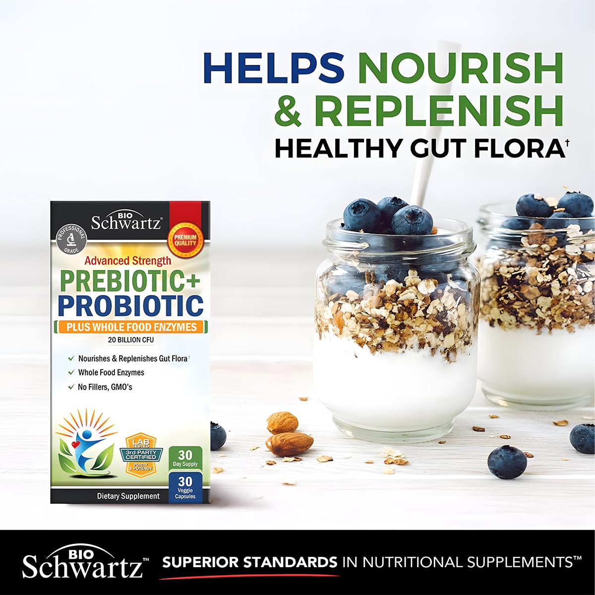 BioSchwartz Advanced Prebiotics and Probiotics for Women & Men, Immune, Digestive & Gut Health with L. Reuteri, Inulin Fiber, Digestive Enzymes, Non-GMO, Gluten-Free, Dairy-Free, 30 Capsules