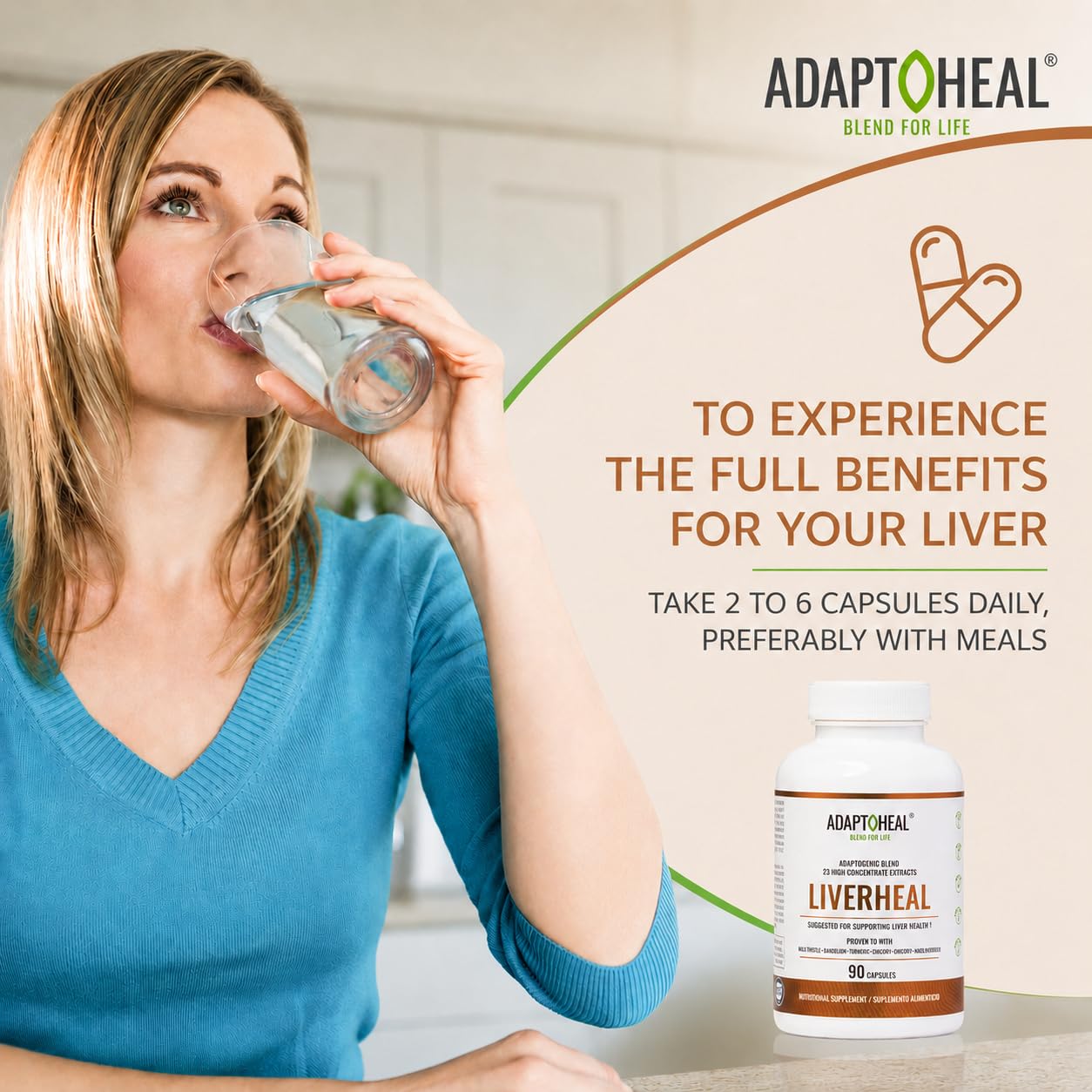 ADAPTOHEAL Liverheal Liver Support Milk Thistle Turmeric Capsules 90 Count