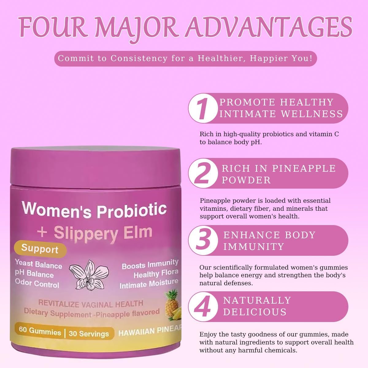 FW ZONE Juicy Feminine Probiotic Gummies for Women - Pineapple Flavor, Slippery Elm, Vegan, Digestive & Immune Support, 6.4 Ounce