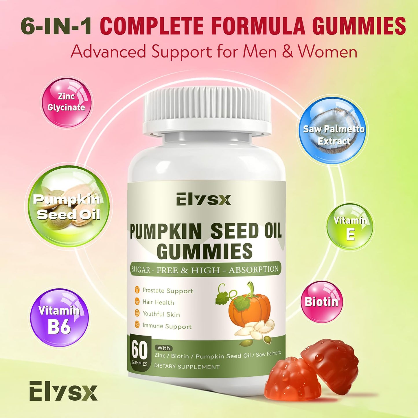 Elysx DHT Blocker Gummies with Pumpkin Seed Oil & Saw Palmetto, Biotin, Hair and Skin Health, 60 Gummies