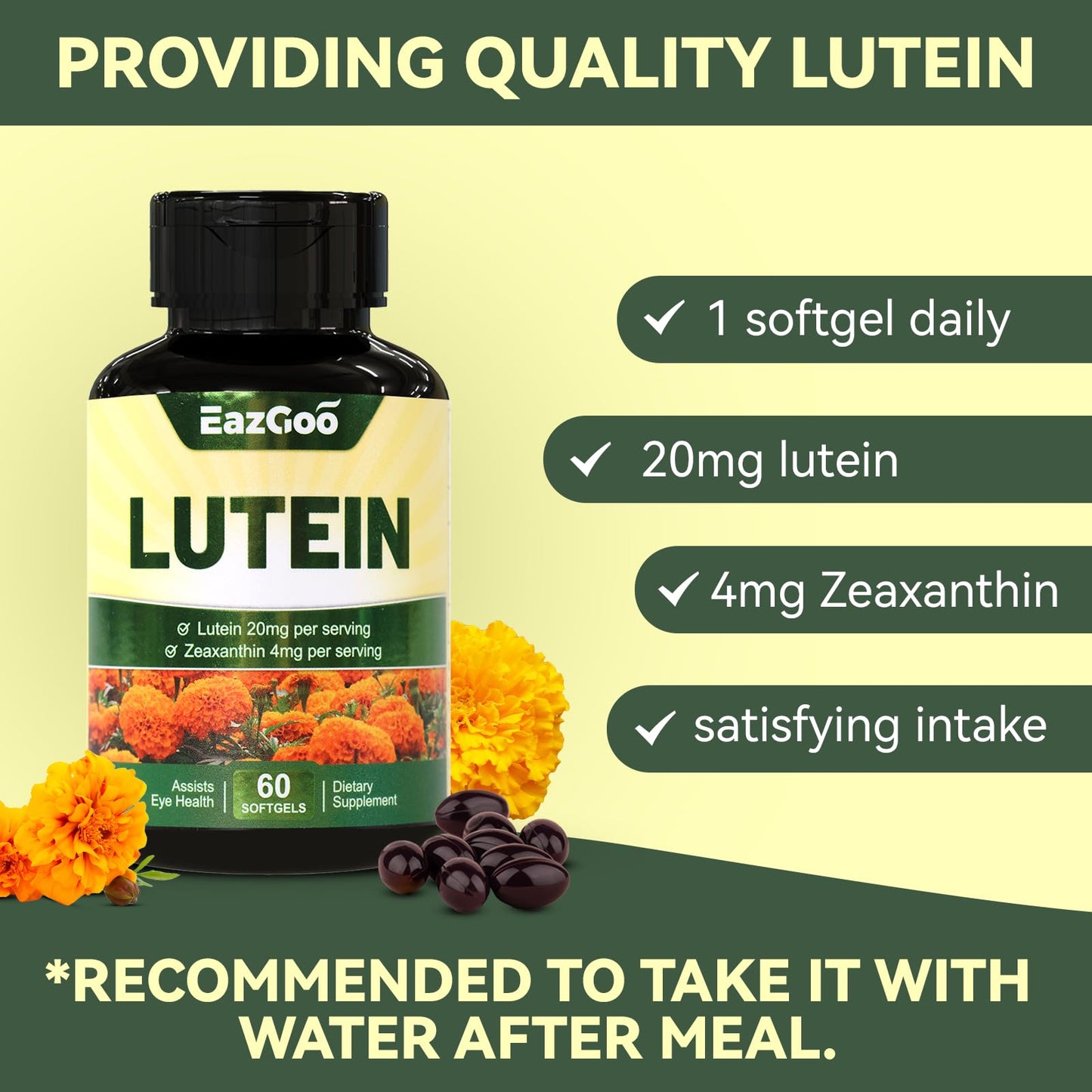 EAZGOO Lutein for Eyes 20mg Softgels, 60 Count