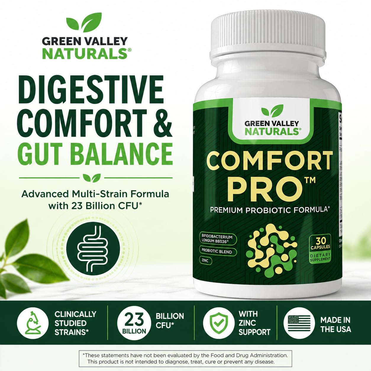 GREEN VALLEY NATURALS ComfortPro Daily Probiotics for Digestive Health, 60 Capsules