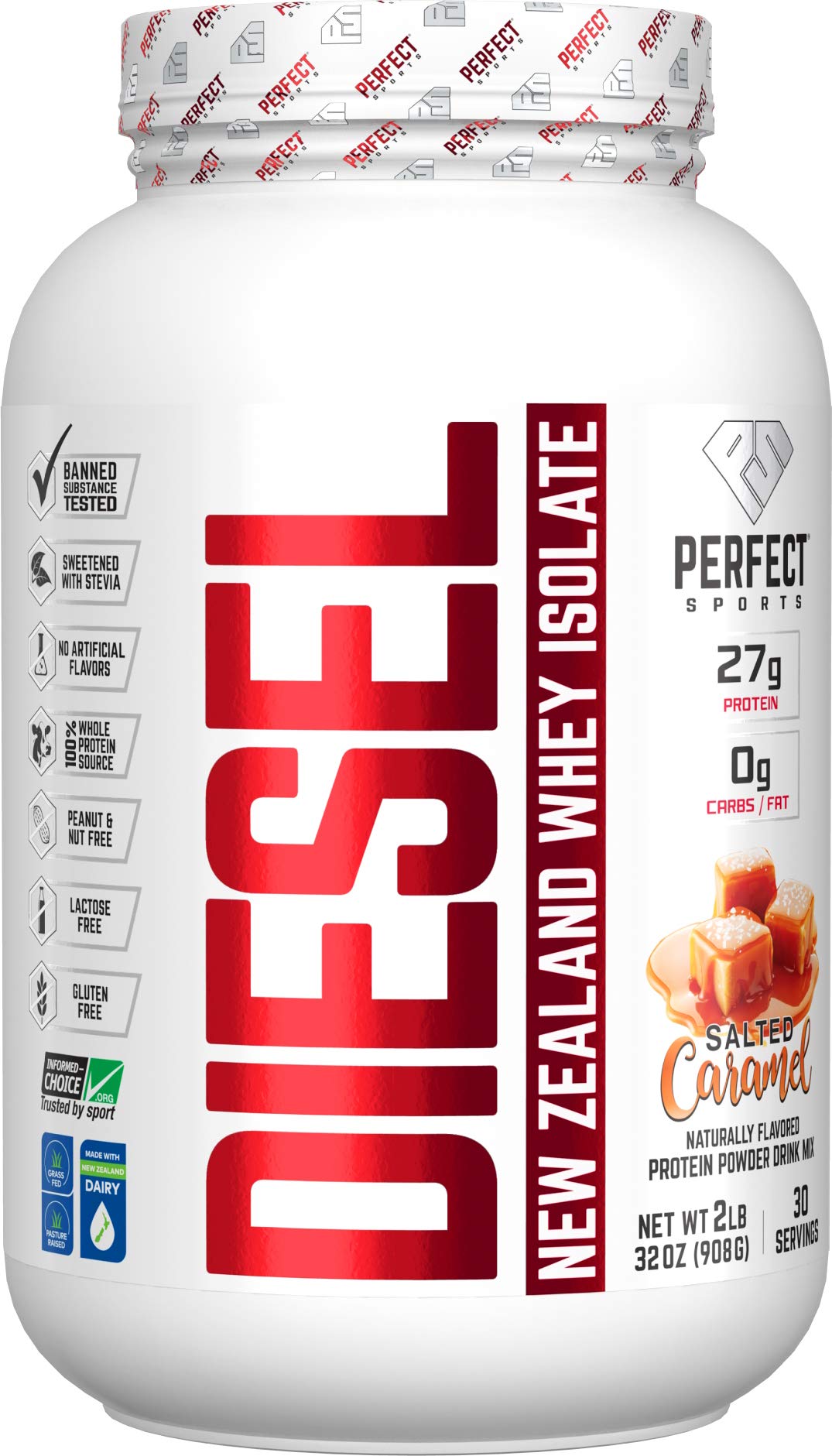 PERFECT SPORTS Diesel 100% New Zealand Whey Isolate Powder, Grass-Fed & Pasture Raised, Salted Caramel, 32 Servings