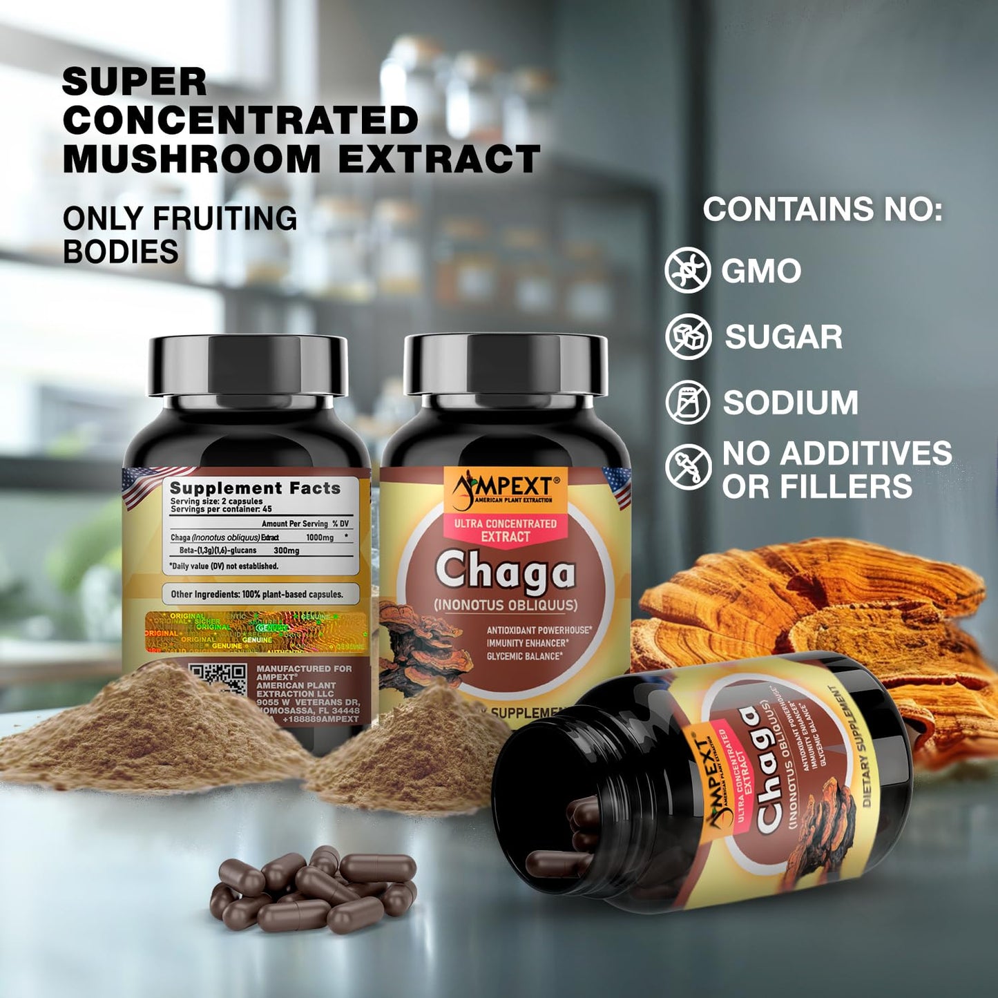 AMPEXT Chaga Premium Quality Fruiting Bodies Extract More Than 30% Beta-Glucans 90 Capsules