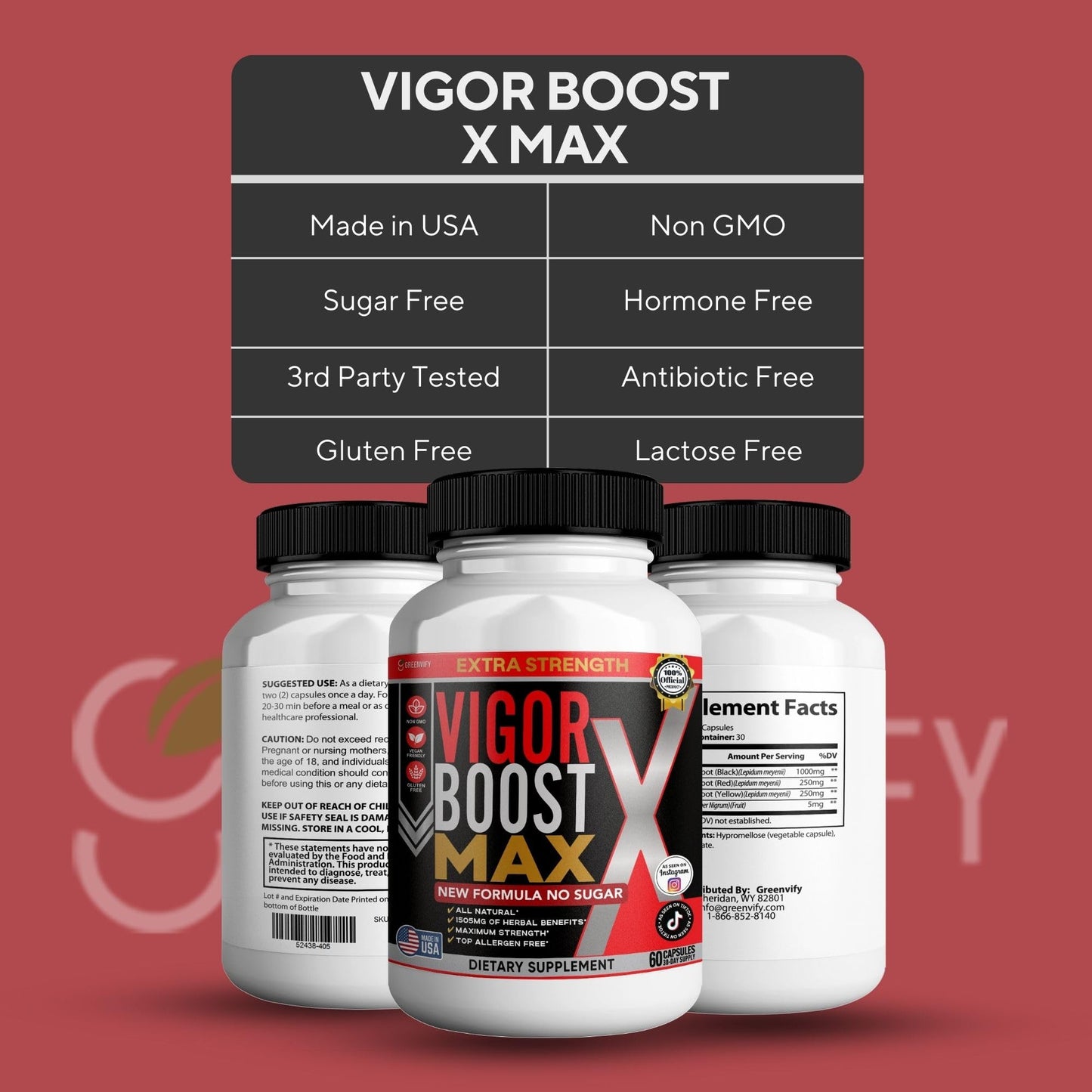 GREENVIFY Vigor Boost Max Extra Strength Organic Maca Root Supplement Black Red Yellow Maca 60 Capsules