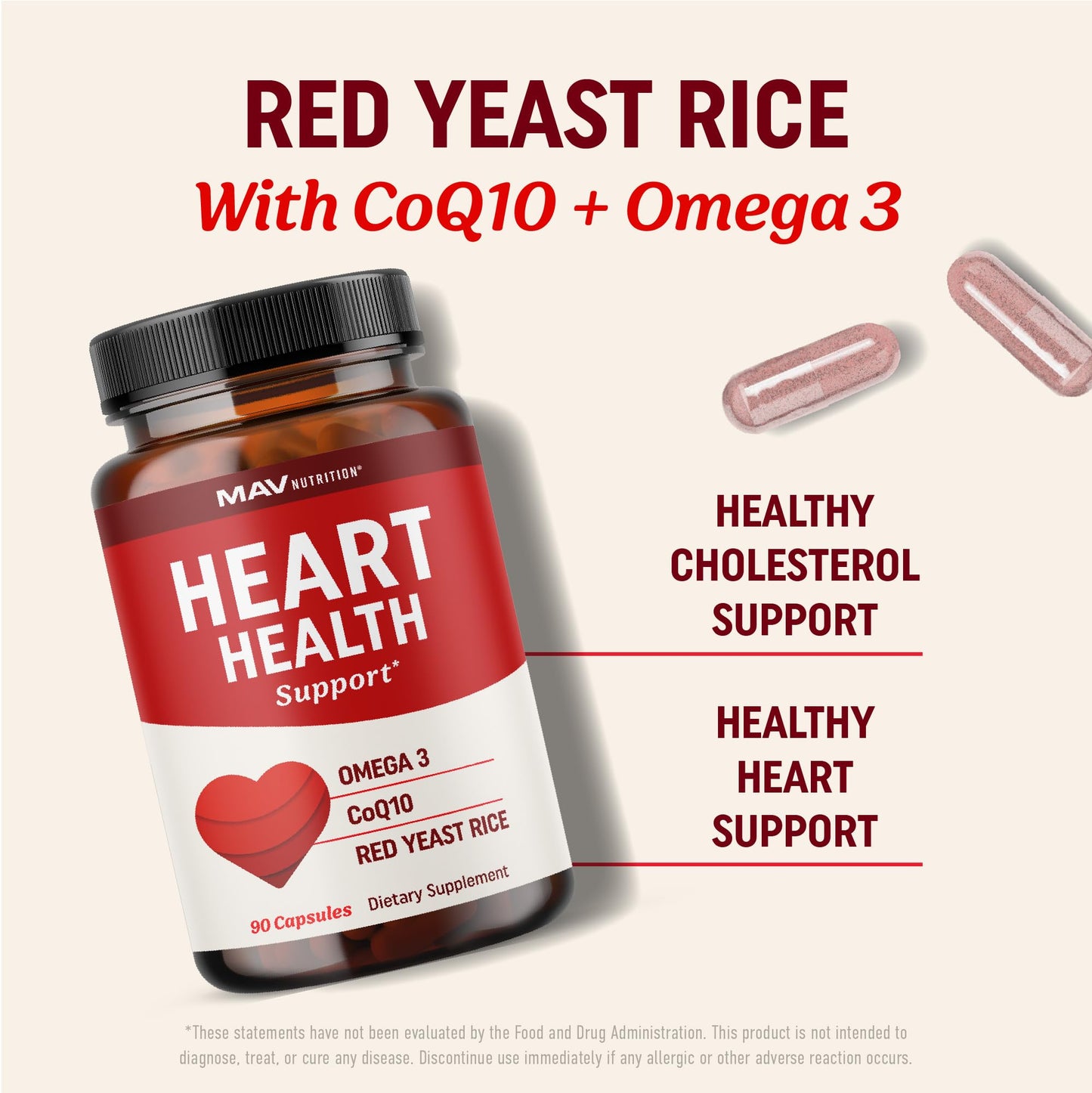 MAV NUTRITION Red Yeast Rice with CoQ10 + Omega-3 for Healthy Cholesterol Support Capsule, 90 Count