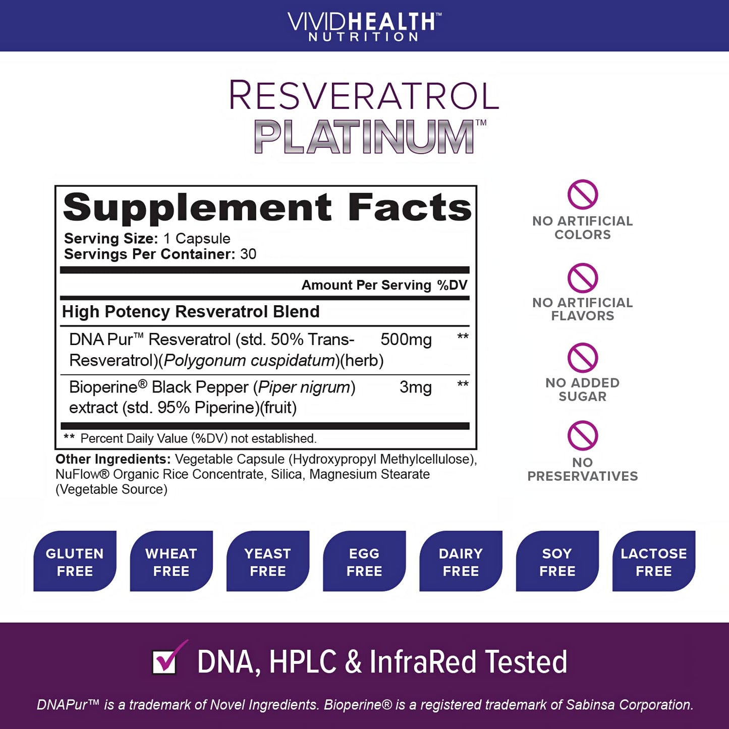 Vivid Health Nutrition Resveratrol Platinum Capsule, 30 Capsules Per Bottle