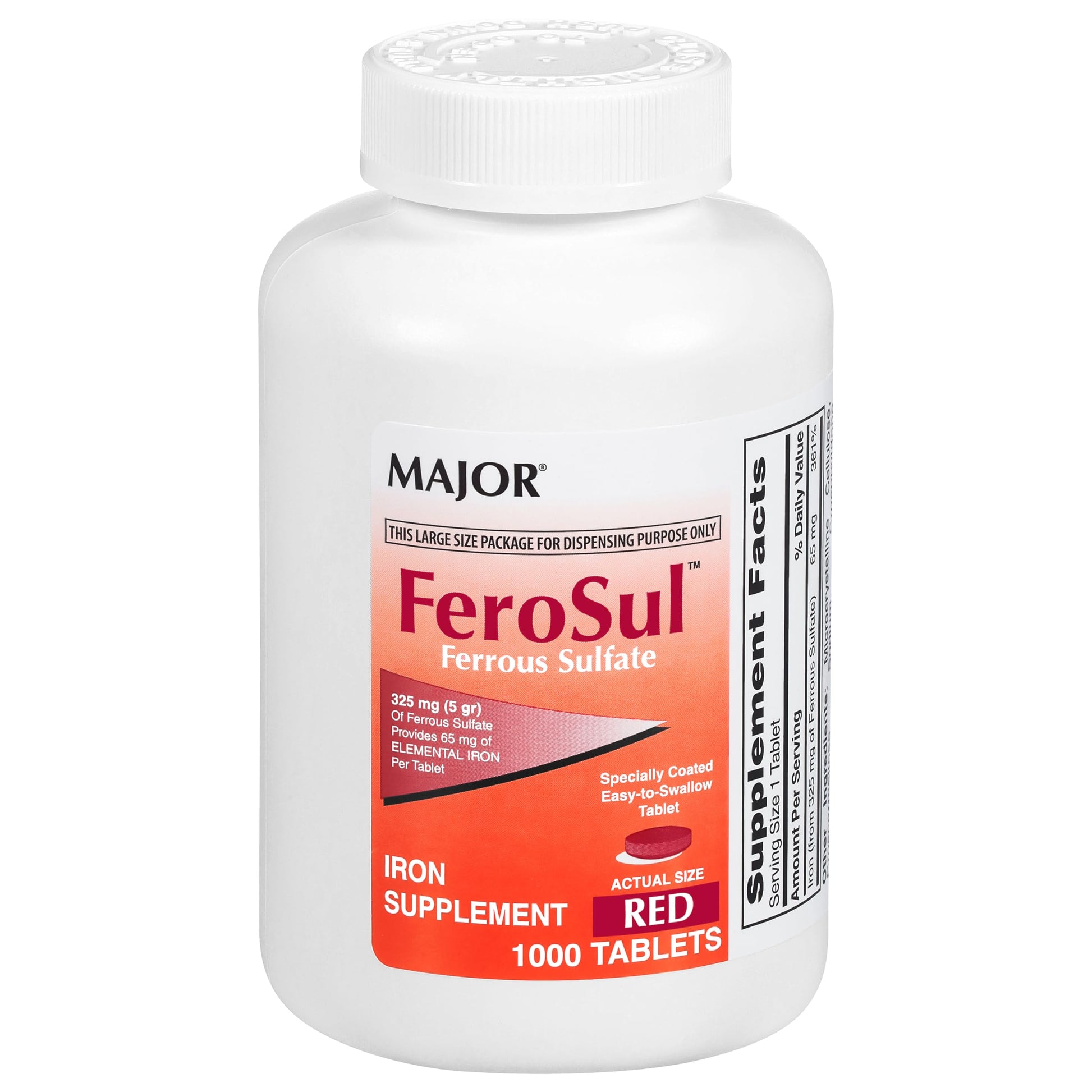 MAJOR FeroSul Ferrous Sulfate 325 mg Tablets - Iron Supplement - Specially Coated Easy-to-Swallow - Red - 1000 Tablets
