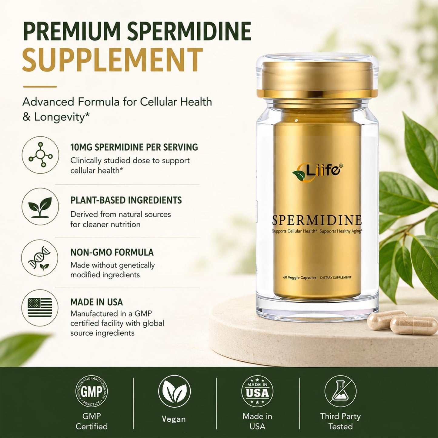 LIIFE Spermine Supplement for Women & Men (6-in-1 Formula) Capsules, 60 Count