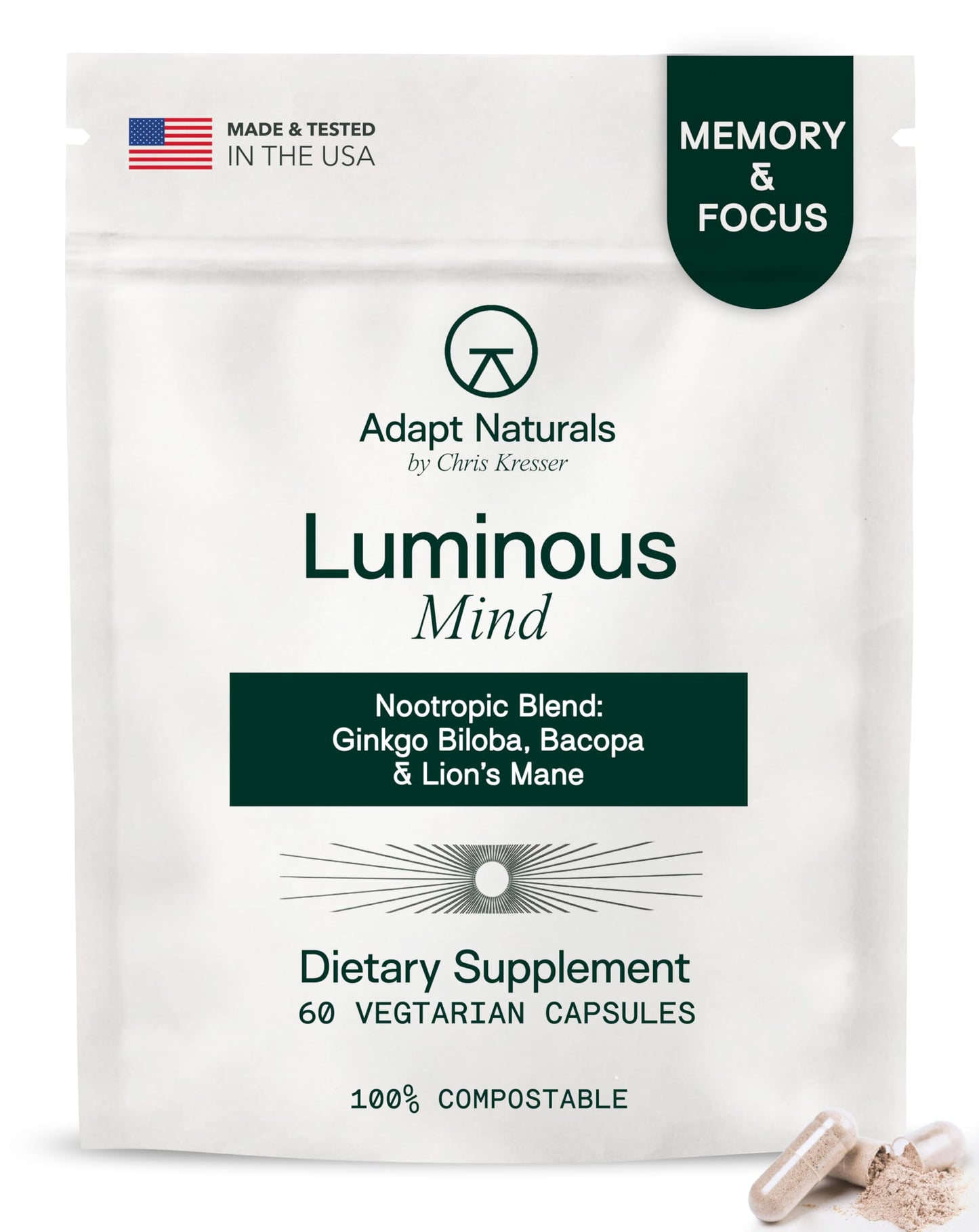 Adapt Naturals by Chris Kresser Luminous Mind Nootropic Brain Supplement with Ginkgo Biloba, Bacopa and Lions Mane, 60 Capsules