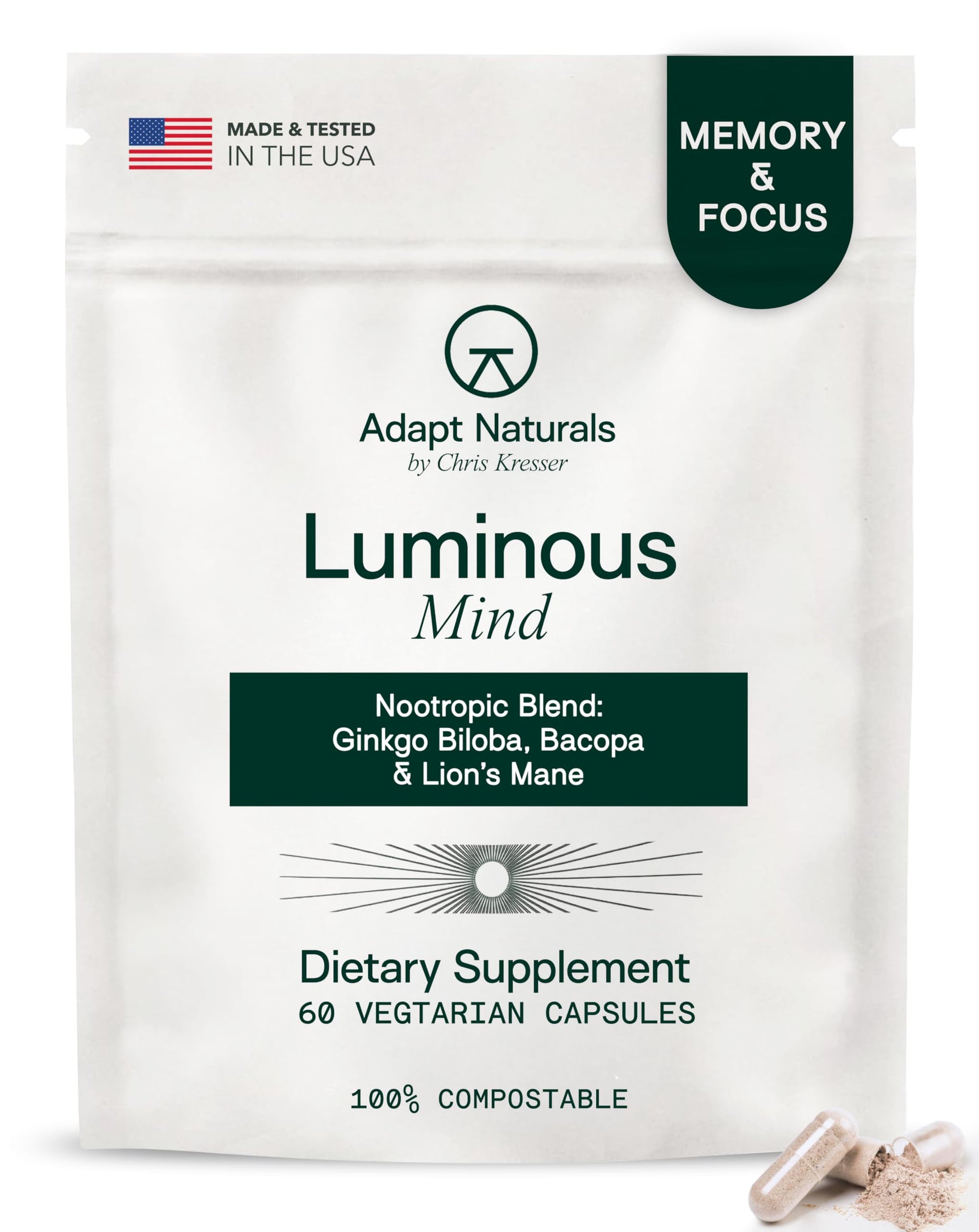 Adapt Naturals by Chris Kresser Luminous Mind Nootropic Brain Supplement with Ginkgo Biloba, Bacopa and Lions Mane, 60 Capsules