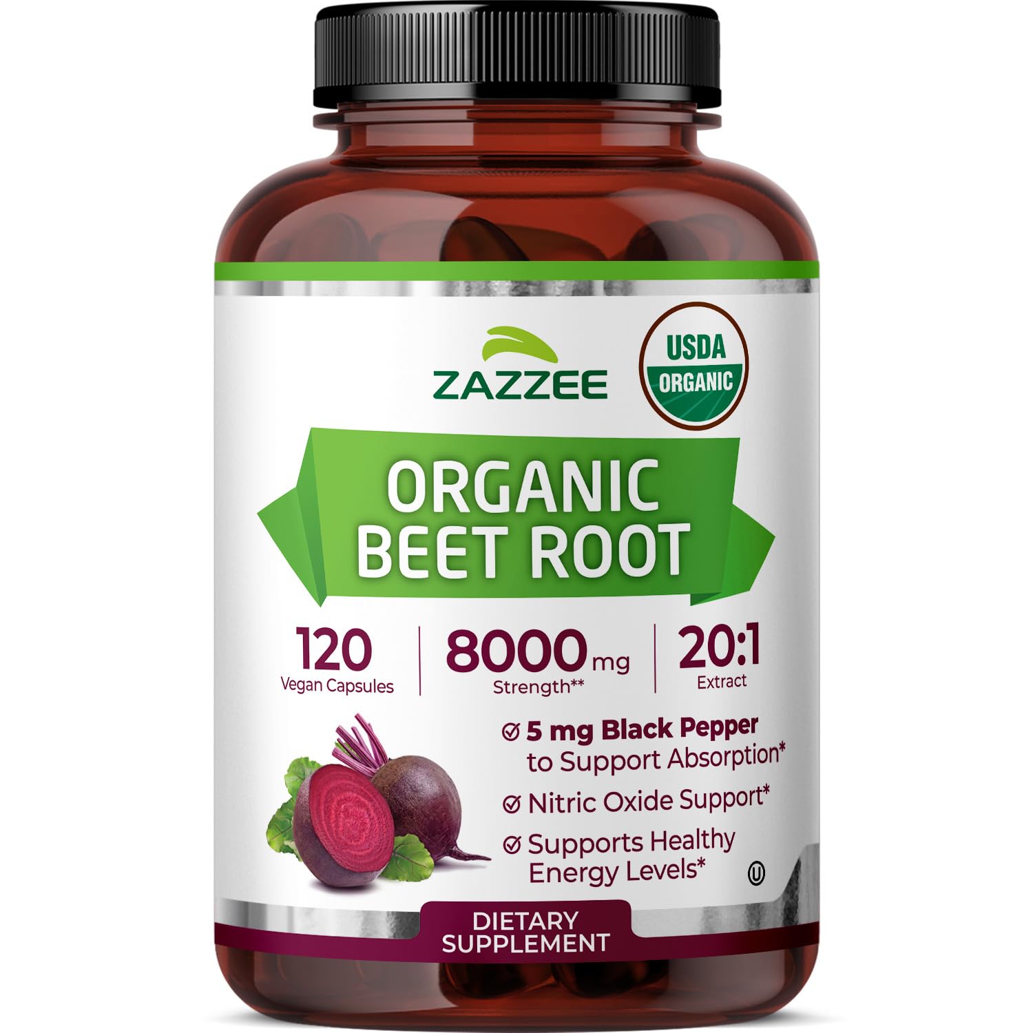 Zazzee USDA Organic Beet Root 20:1 Extract Capsules 120 Count