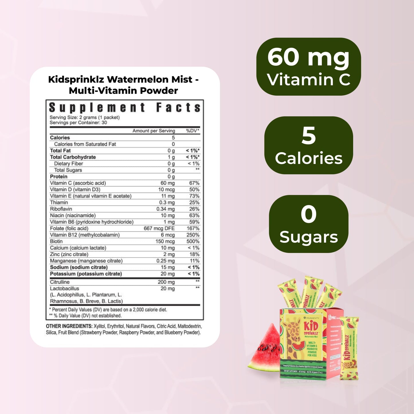 Youngevity Kidsprinklz Watermelon Mist Multivitamin Powder, 2.1 Ounce