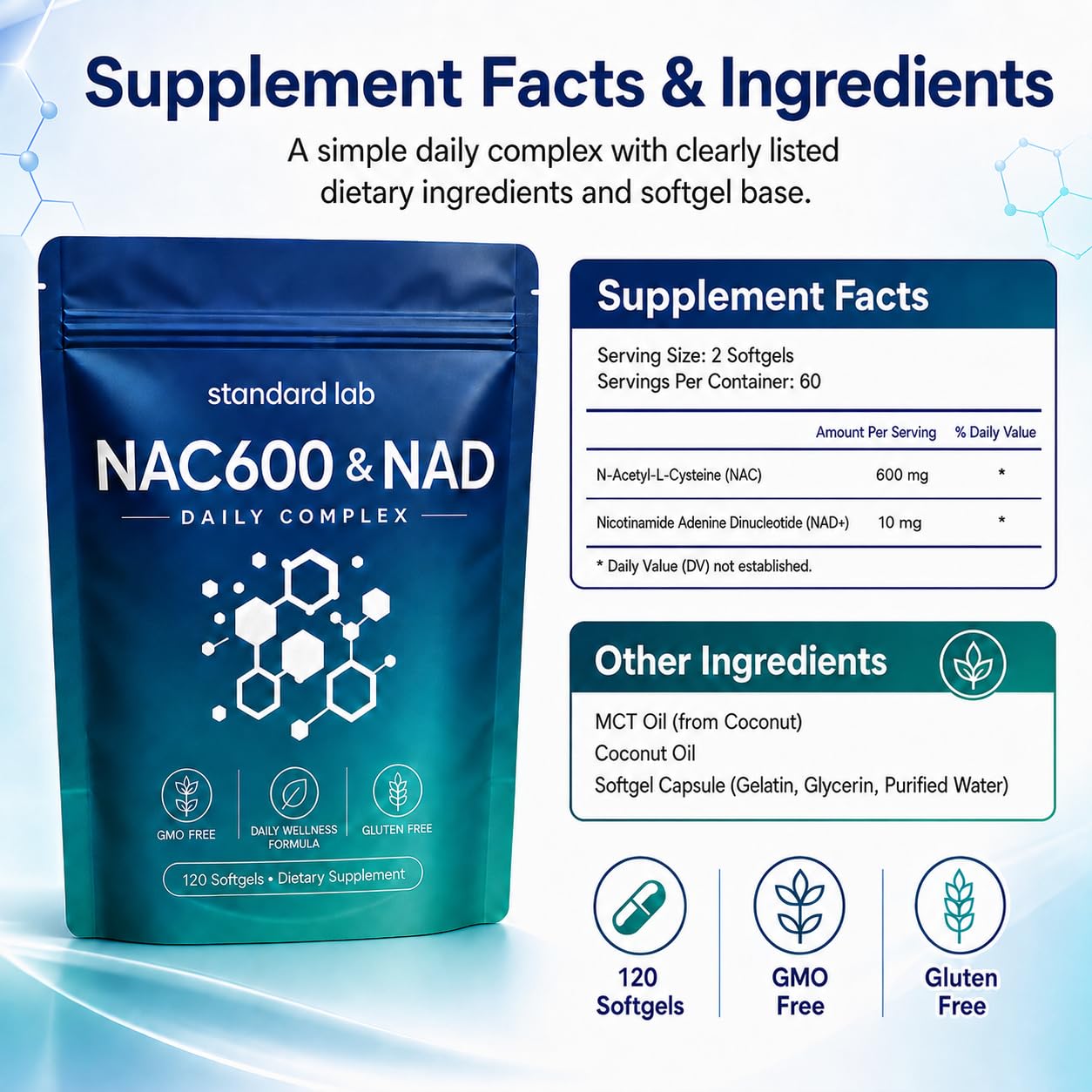 The standard lab Nac600 & NAD Daily Complex Softgels, 120 Count