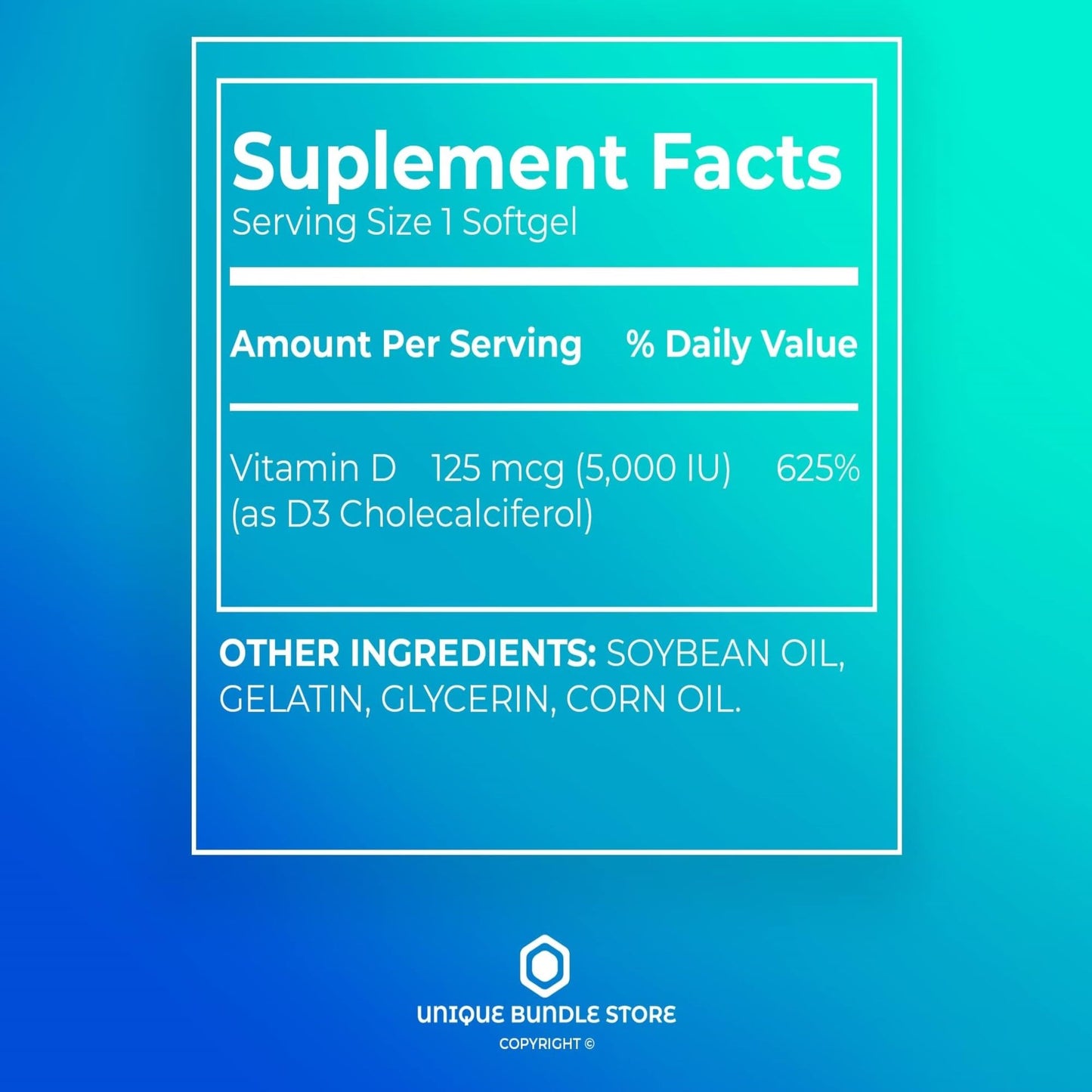 Unique Bundle Store Vitamin D3 Extra Strength 5000 IU (125 mcg) Softgels, 250 Count