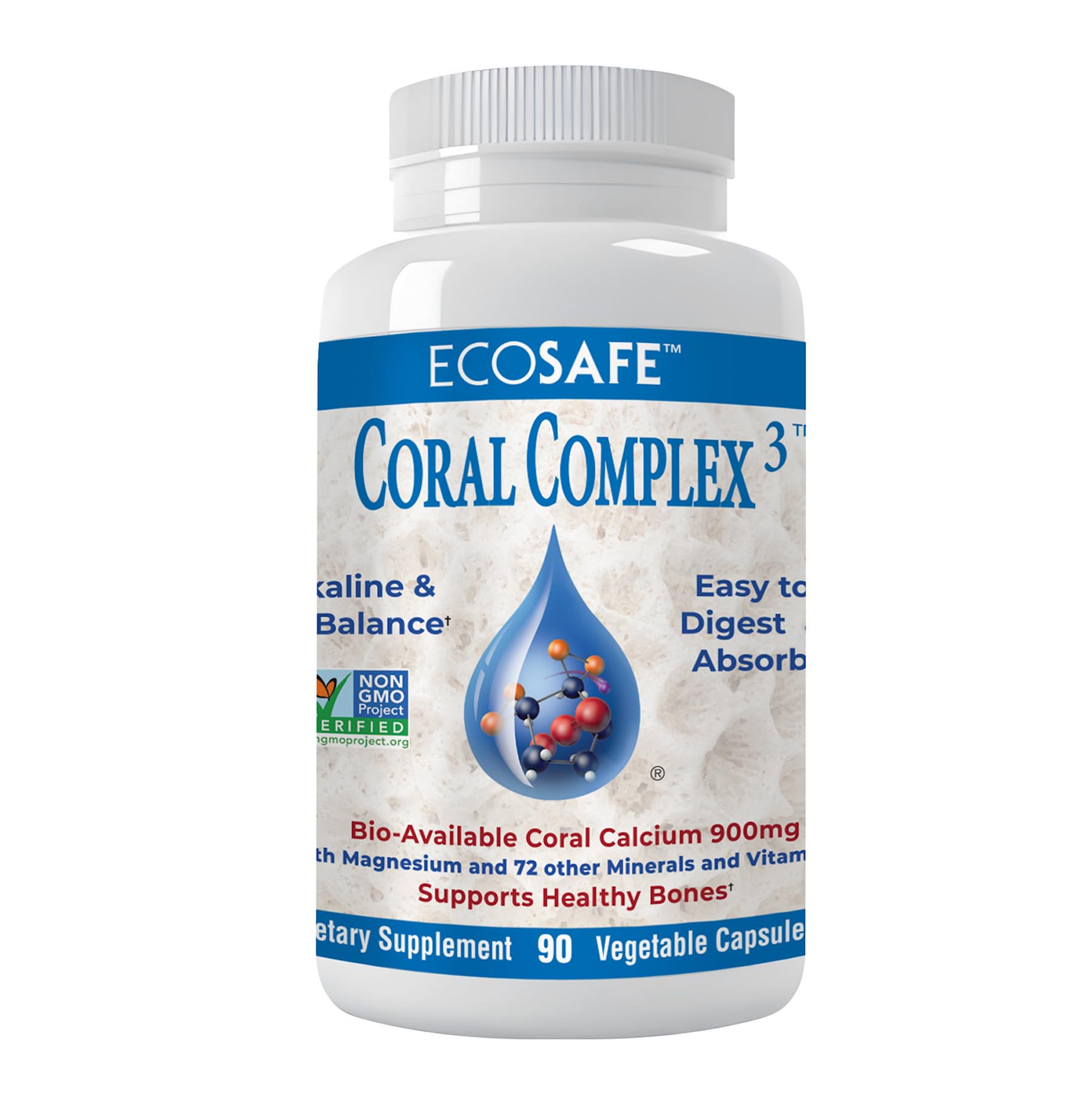 Coral White Coral Complex 3 Calcium Supplement with Vitamin D3 & Magnesium, 900 mg Bioavailable Coral Calcium, Non-GMO, 90 Capsules
