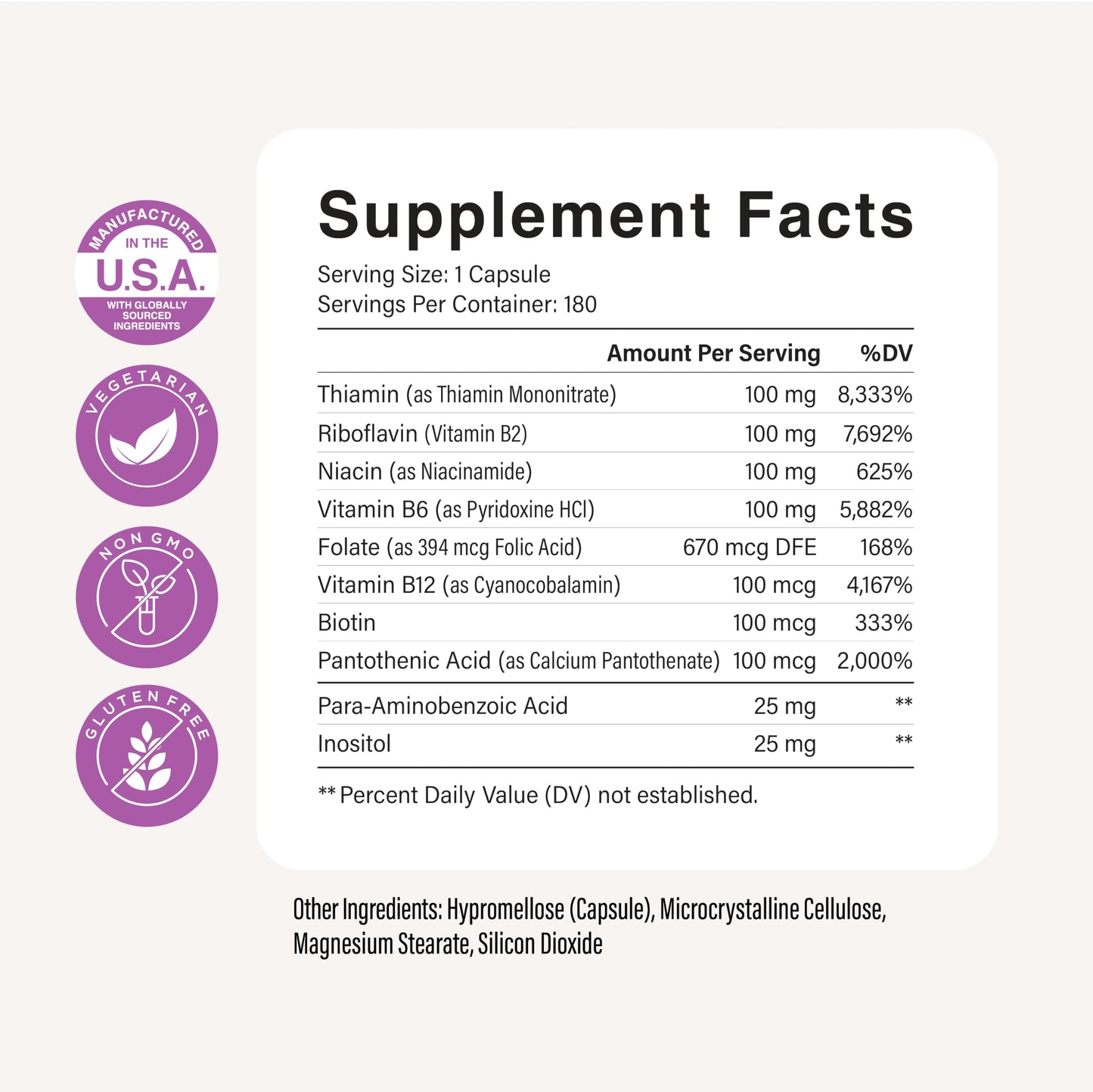 Purely Holistic Vitamin B Complex - 8 Super B Complex Vitamins with Choline & Inositol, B100 Complex, 180 Capsules