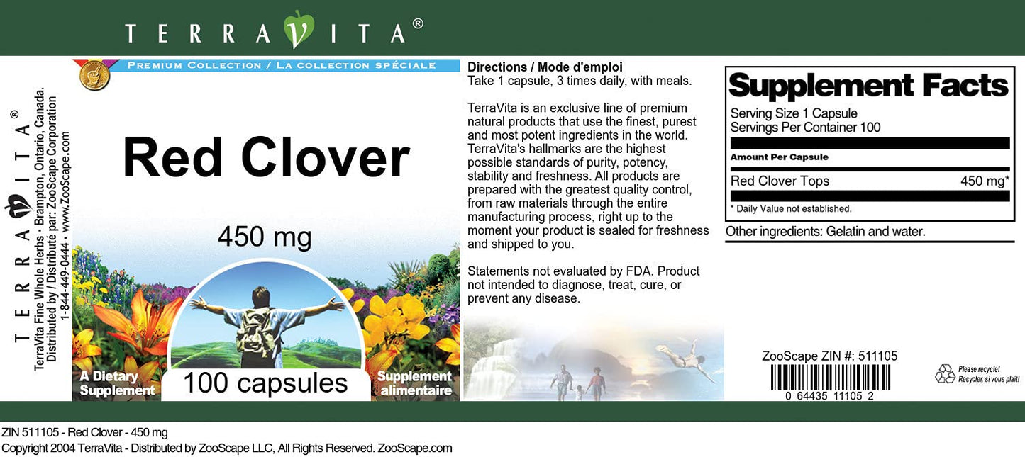 Terravita Red Clover 450 mg Capsules, 100 Count