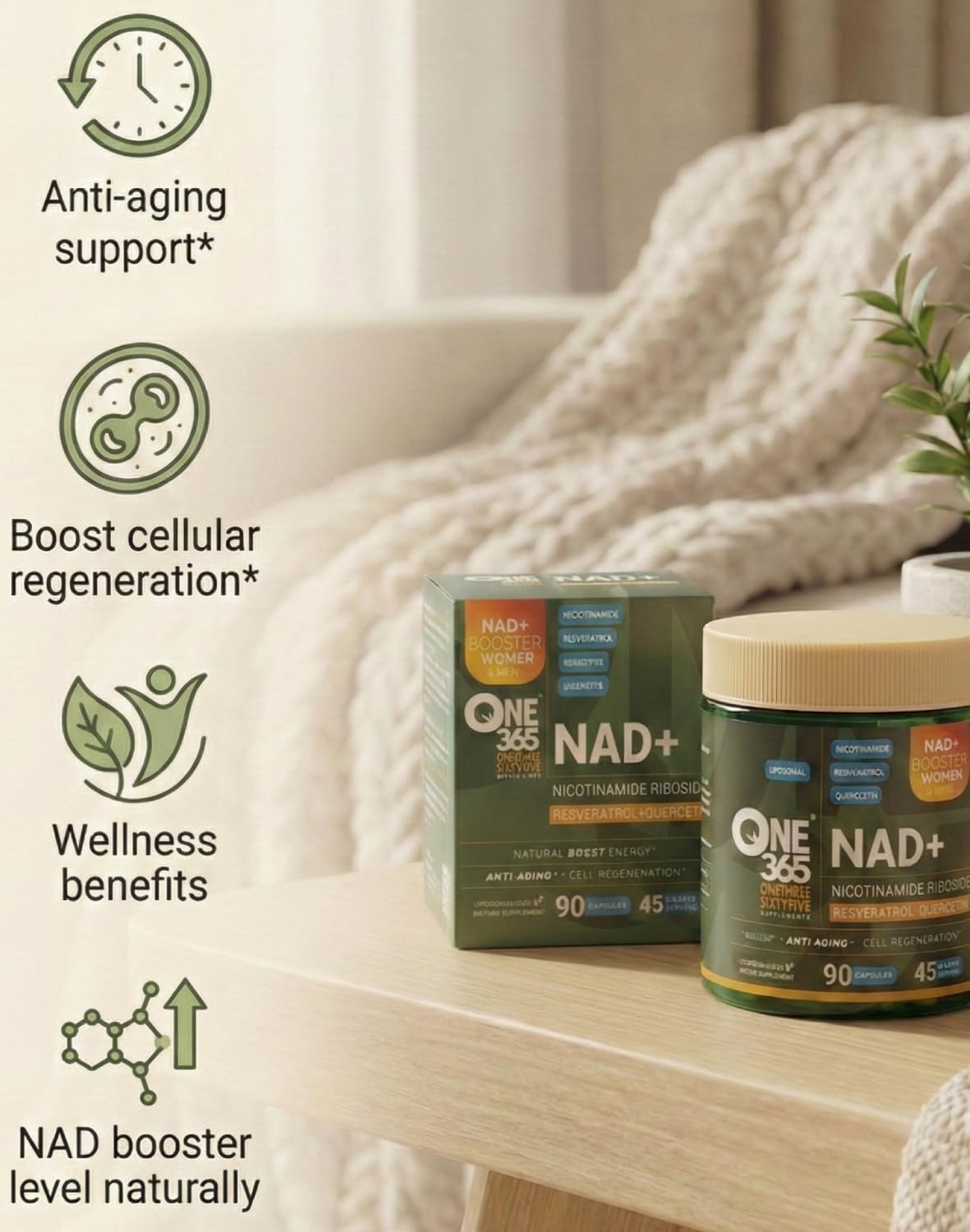 ONE 365 NAD+ Supplement Liposomal Nicotinamide Riboside Resveratrol Quercetin Anti-Aging Antioxidant NAD+ Booster Capsules 90 Count