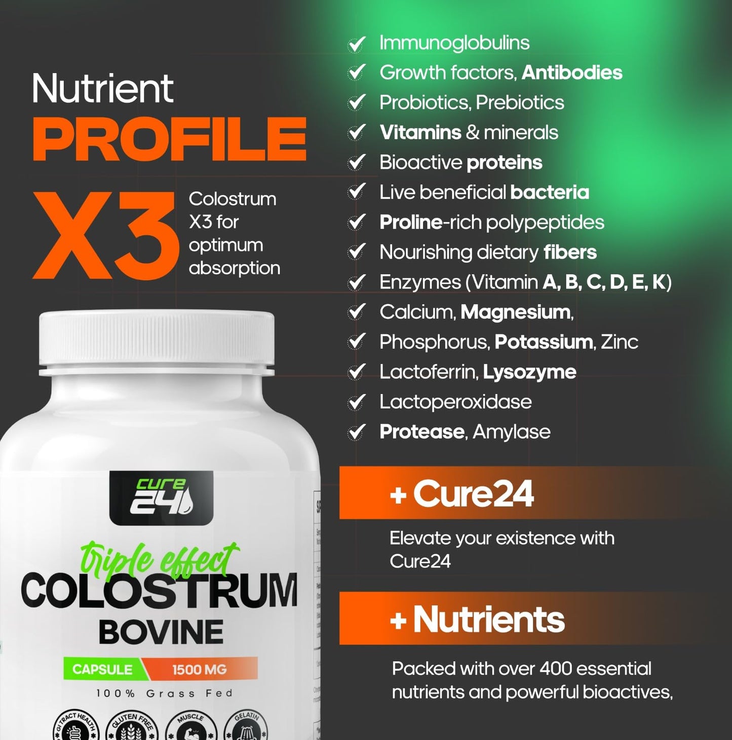 Cure24 Bovine Colostrum X3 Supplement Powder Capsule, 90 Count
