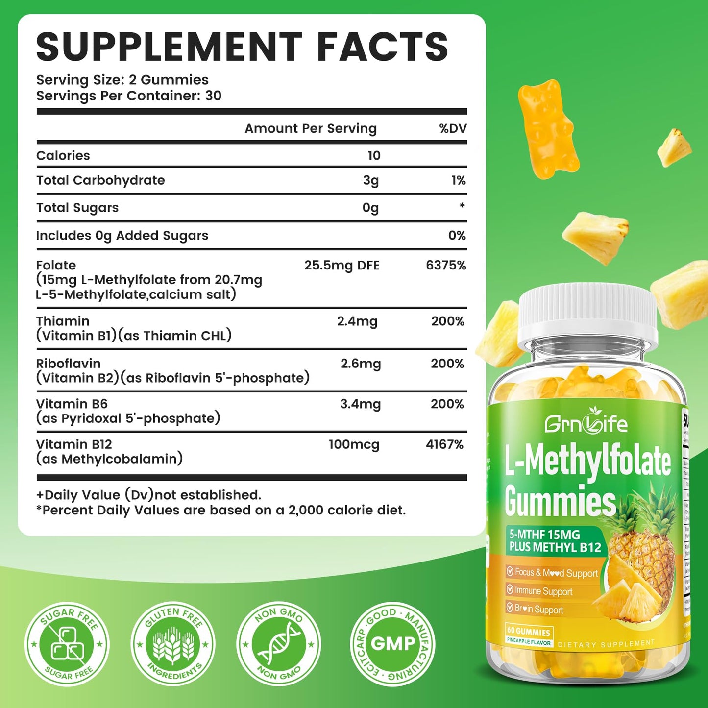 GrnLife L-Methylfolate 15 mg Gummies with Methyl B12, Methylated B1, B2, B6, Active 5-MTHF & High Absorption - Supports Brain Health & Immune System, Pineapple Flavor, 120 Gummies